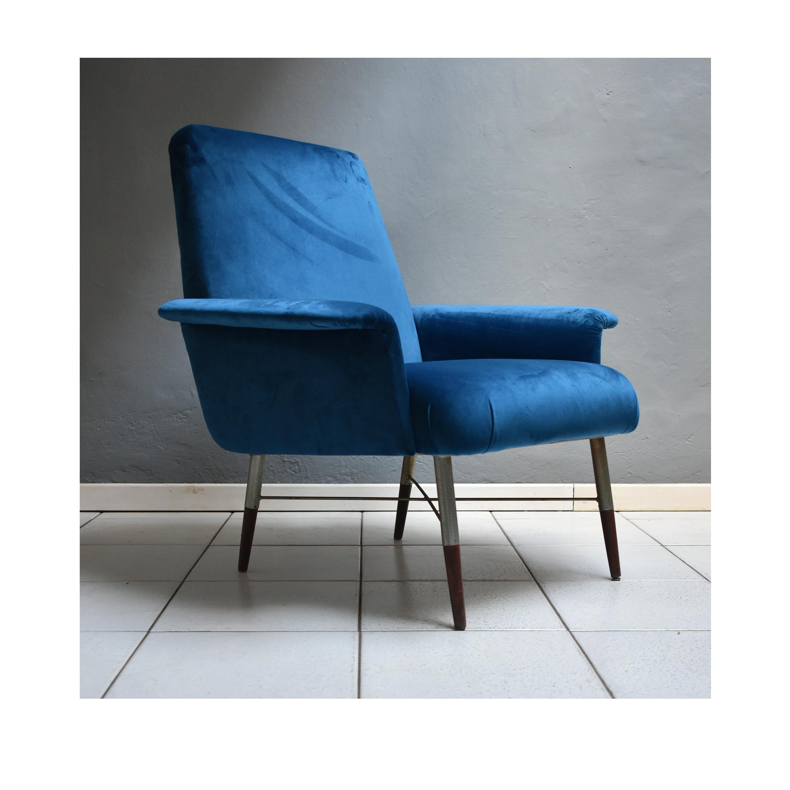 Mid-20th Century Mid-Century Modern Italian Vintage 1960s Armchair, Upholstery Petrol Blue Velvet