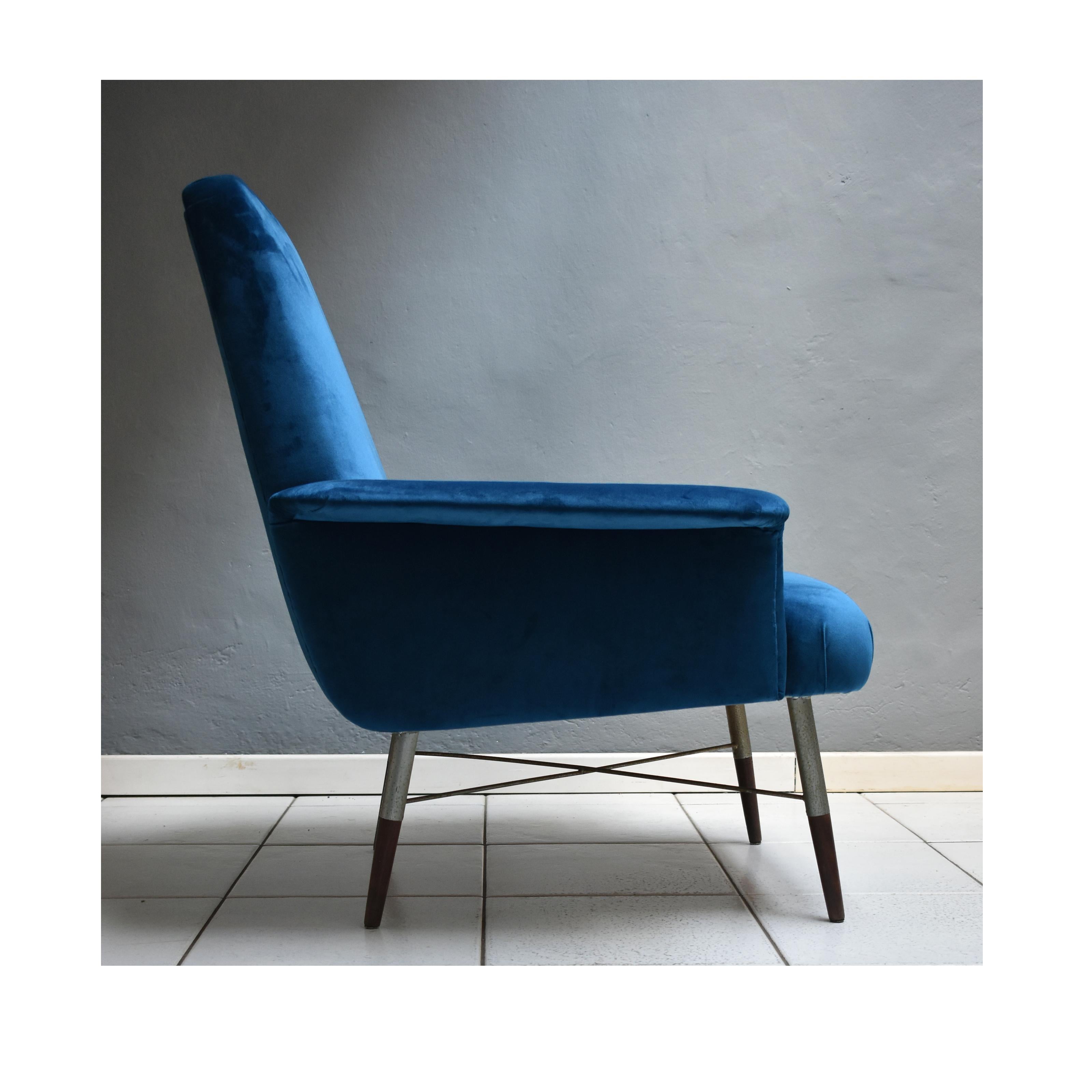 Wood Mid-Century Modern Italian Vintage 1960s Armchair, Upholstery Petrol Blue Velvet