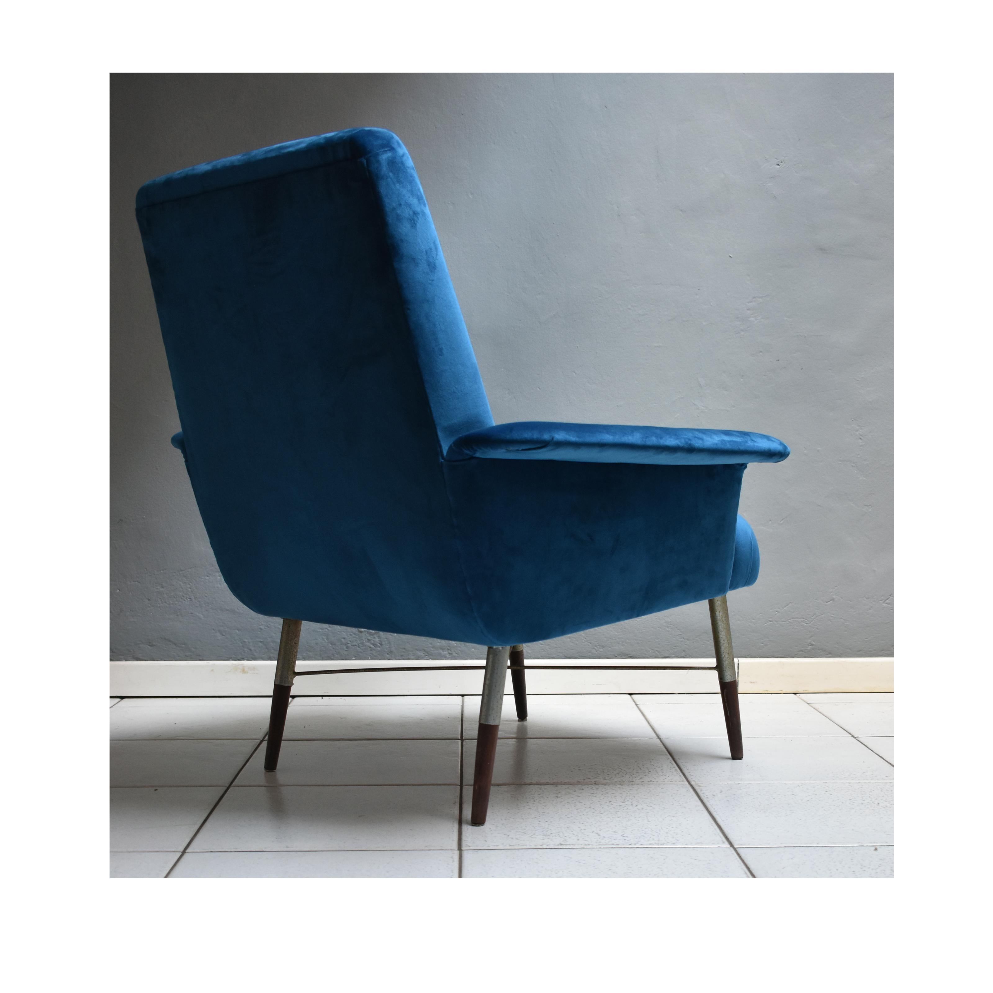 Mid-Century Modern Italian Vintage 1960s Armchair, Upholstery Petrol Blue Velvet 1