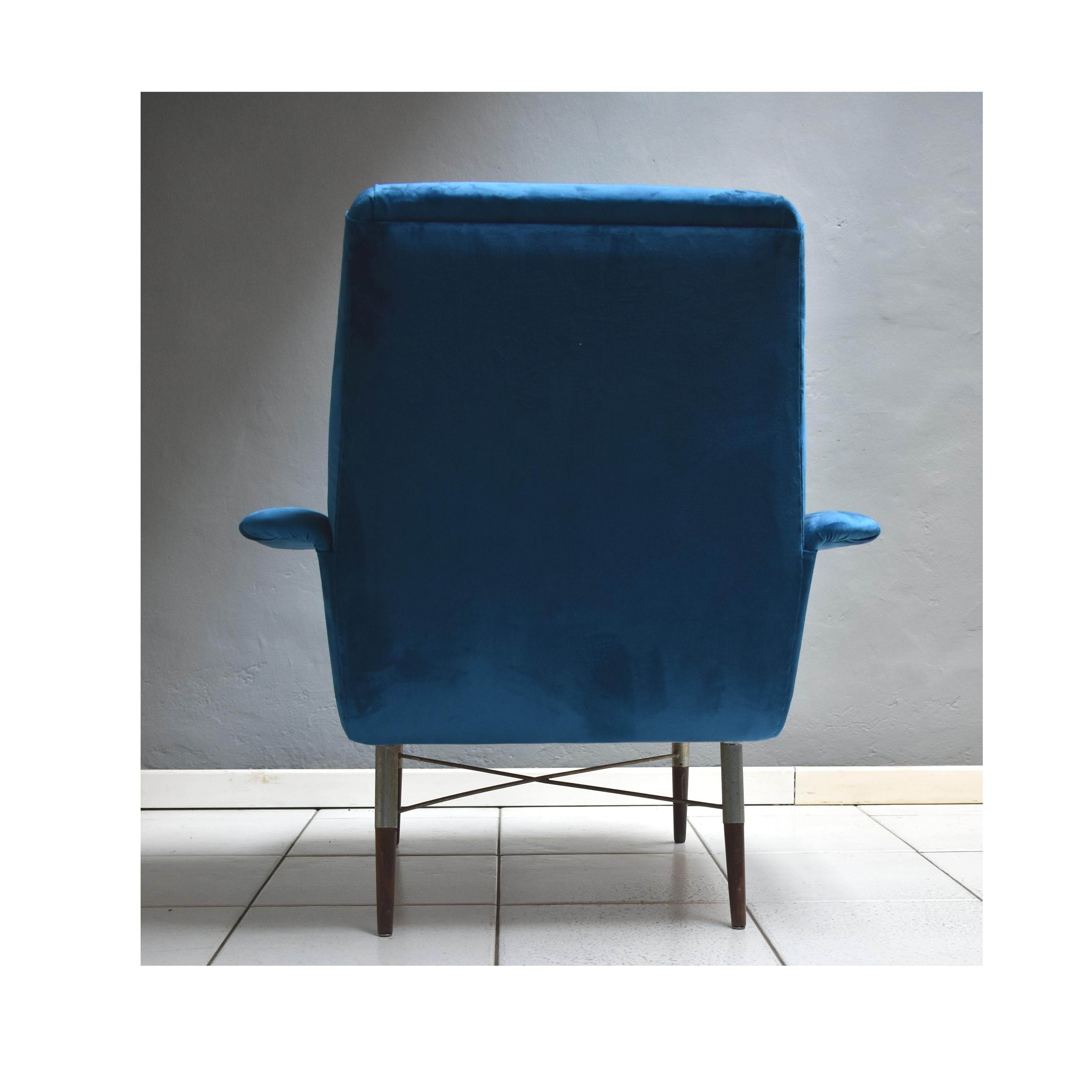 Mid-Century Modern Italian Vintage 1960s Armchair, Upholstery Petrol Blue Velvet 2