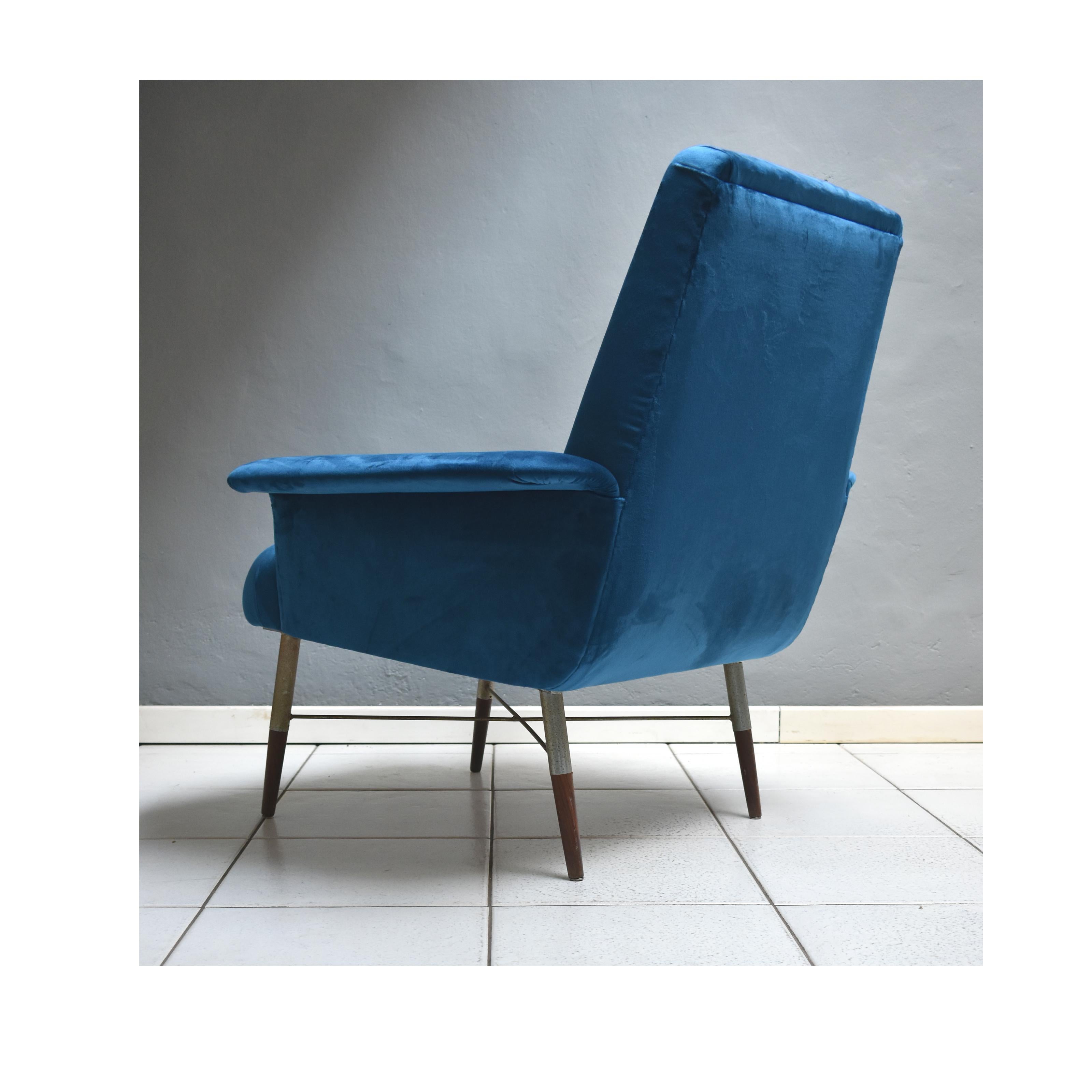 Mid-Century Modern Italian Vintage 1960s Armchair, Upholstery Petrol Blue Velvet 3