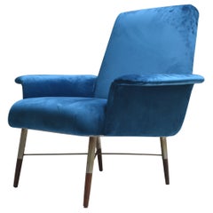 Poltrona Mid-Century Modern Italiana Vintage 1960, Tappezzeria Velluto Blu Petrolio