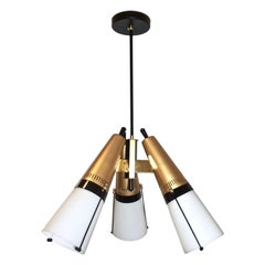 Mid-Century Modern Italian Vintage Brass Black White Three-Light Cone Chandelier