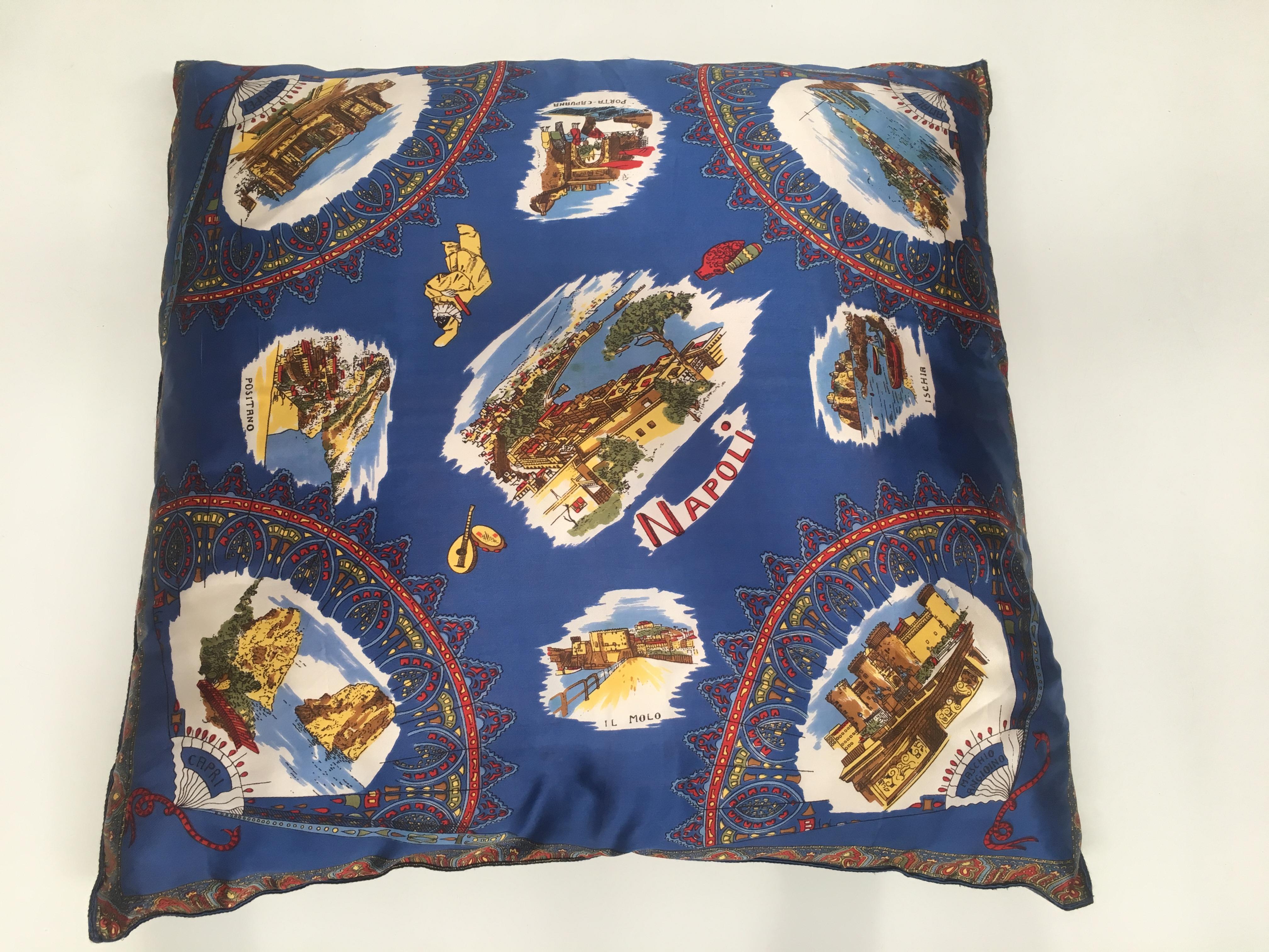 Mid-Century Modern Italian vintage souvenir silk scarf throw pillow with cashmere reverse.