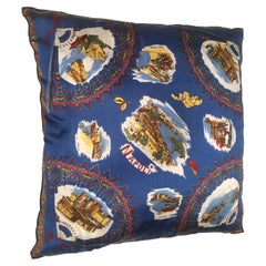 Mid-Century Modern Italian Vintage Souvenir Silk Scarf Throw Pillow, 1970s