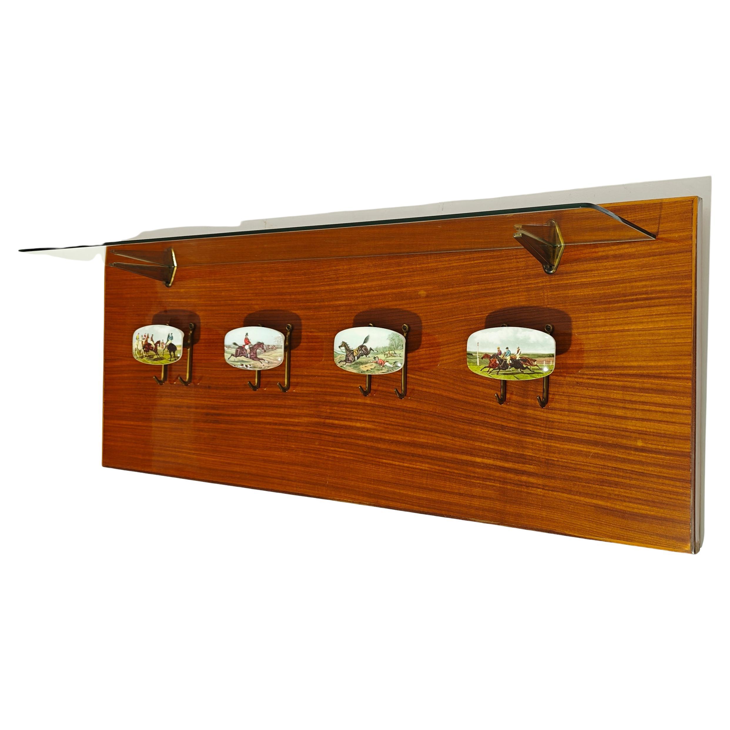 Mid-Century Modern Italian Wall Coat hanger Wood Glass Design Italian 1950/60s For Sale