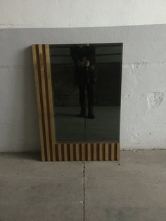 Mid-Century Modern Italian Wall Cut-Edge Smoked Mirror with Wood and Brass Frame