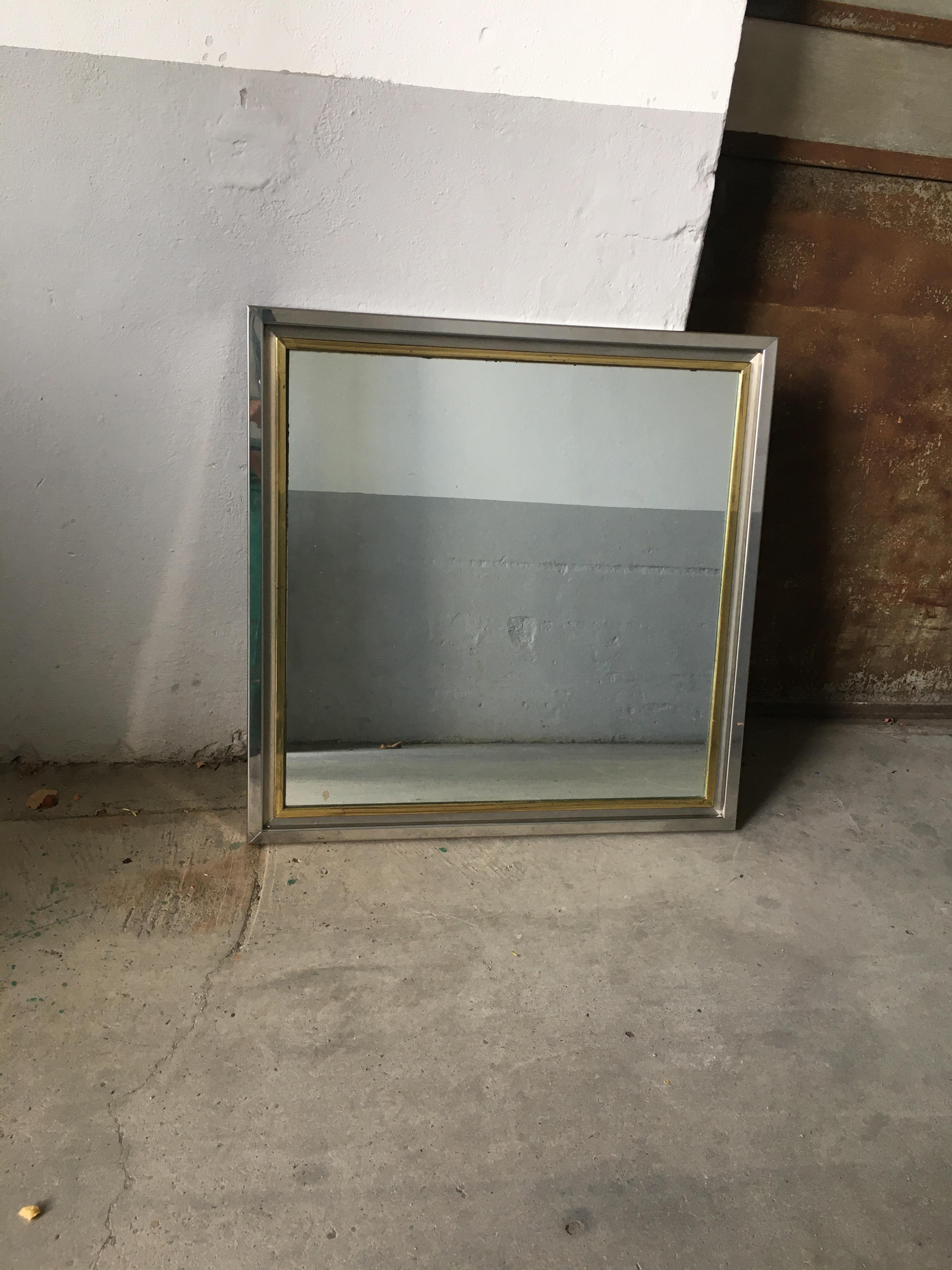 Stainless Steel Mid-Century Modern Italian Wall Mirror with Chrome and Brass Frame, 1970s For Sale