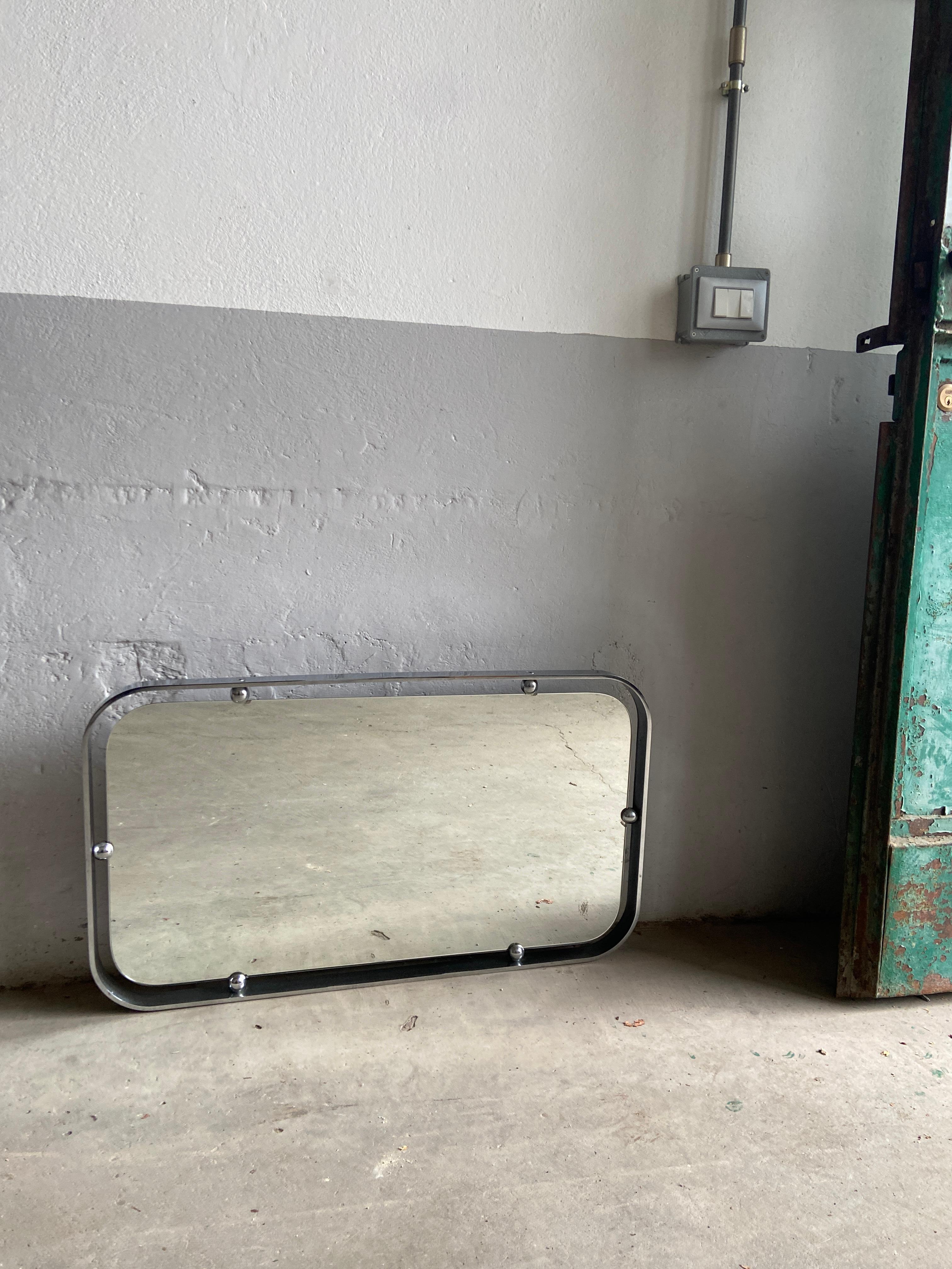 Late 20th Century Mid-Century Modern Italian Wall Mirror with Chrome Metal Frame, 1970s For Sale