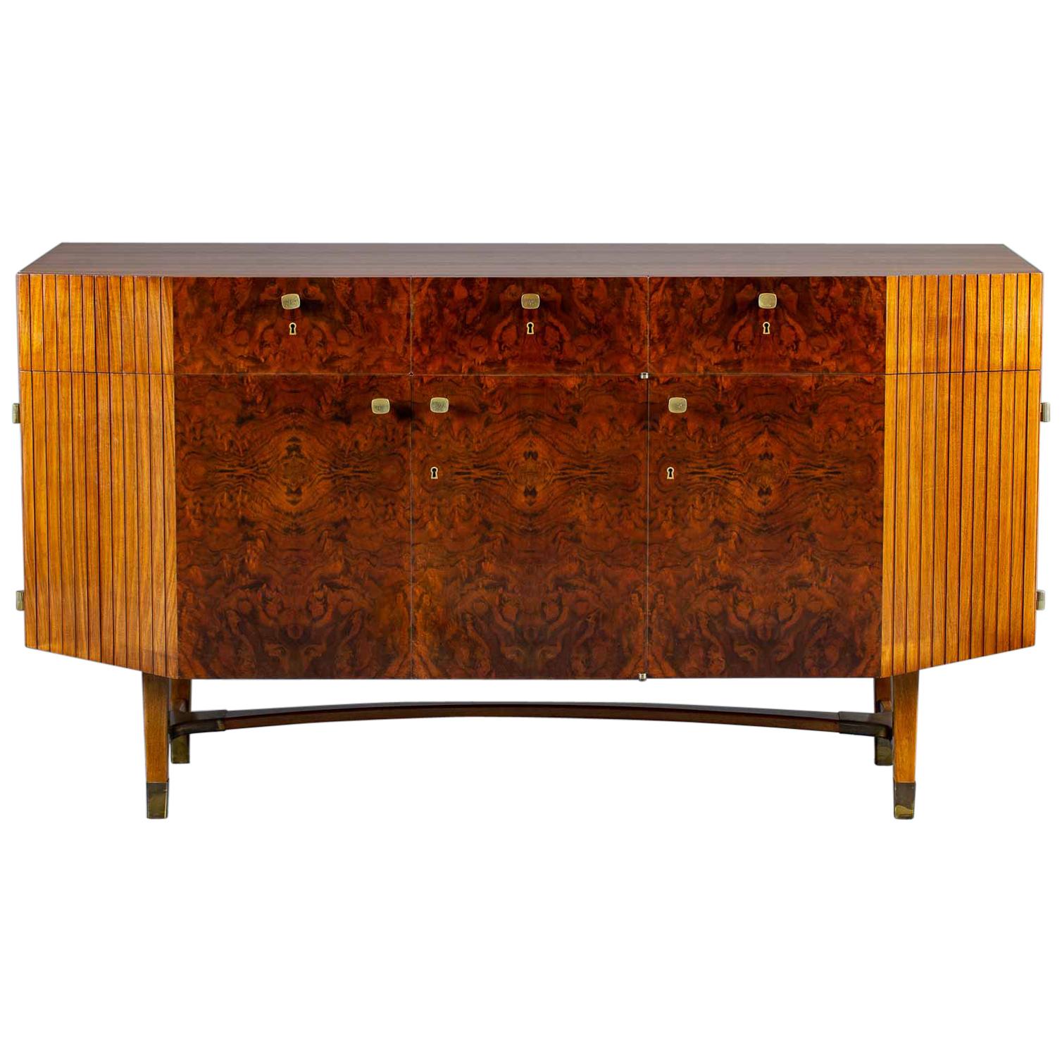 Mid-Century Modern Italian Walnut Brass Buffet Credenza Cabinet, circa 1950