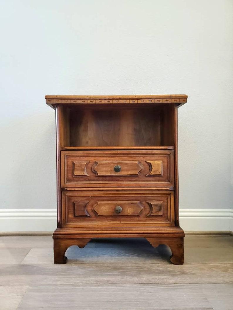 A handsome good quality midcentury Italian solid walnut chest (highly functional and versatile, use as a bedside nightstand, sofa end table, side cabinet, wall accent, hall / pier table, and more)

Crafted in Italy, circa 1970s, almost certainly