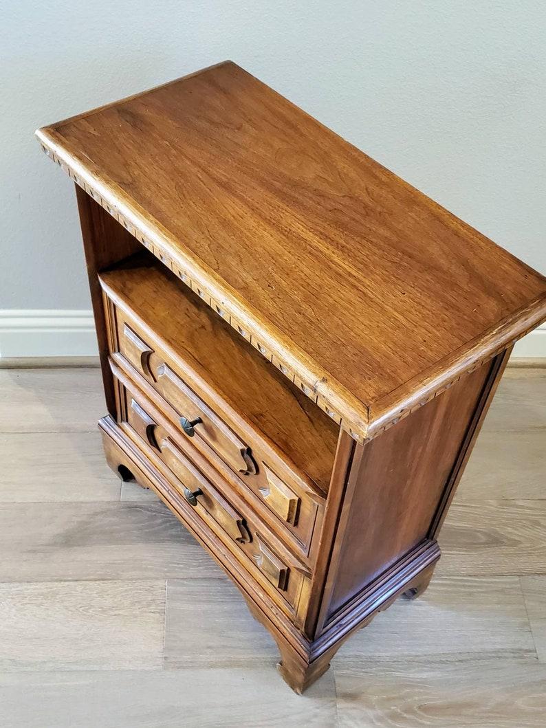 Carved Mid-Century Tuscan Mediterranean Revival Style Walnut Nightstand Side Cabinet