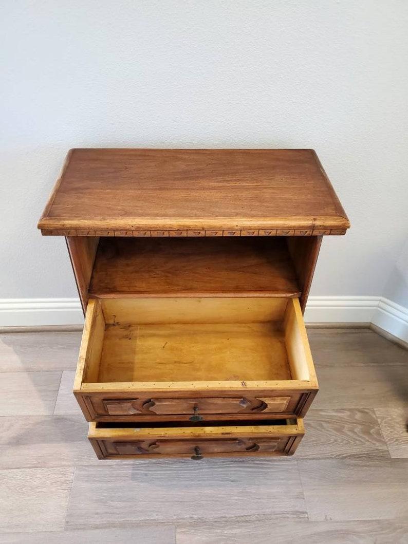 Mid-Century Tuscan Mediterranean Revival Style Walnut Nightstand Side Cabinet In Good Condition In Forney, TX