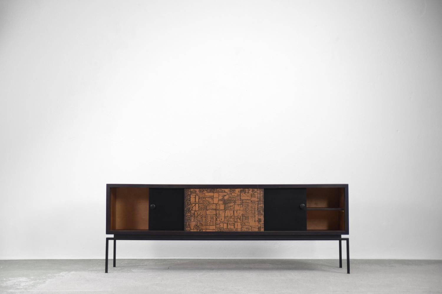 Late 20th Century Vintage Midcentury Modern Italian Walnut Wood Sideboard with Copper Front, 1970s