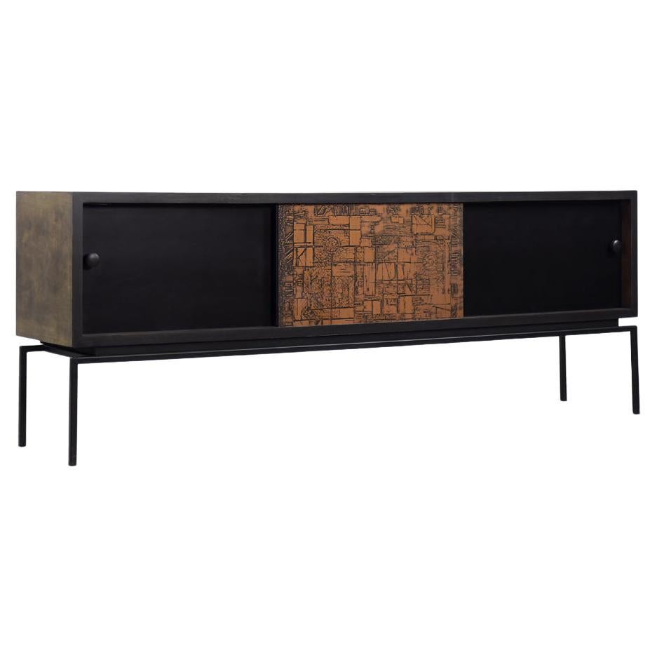 Vintage Midcentury Modern Italian Walnut Wood Sideboard with Copper Front, 1970s