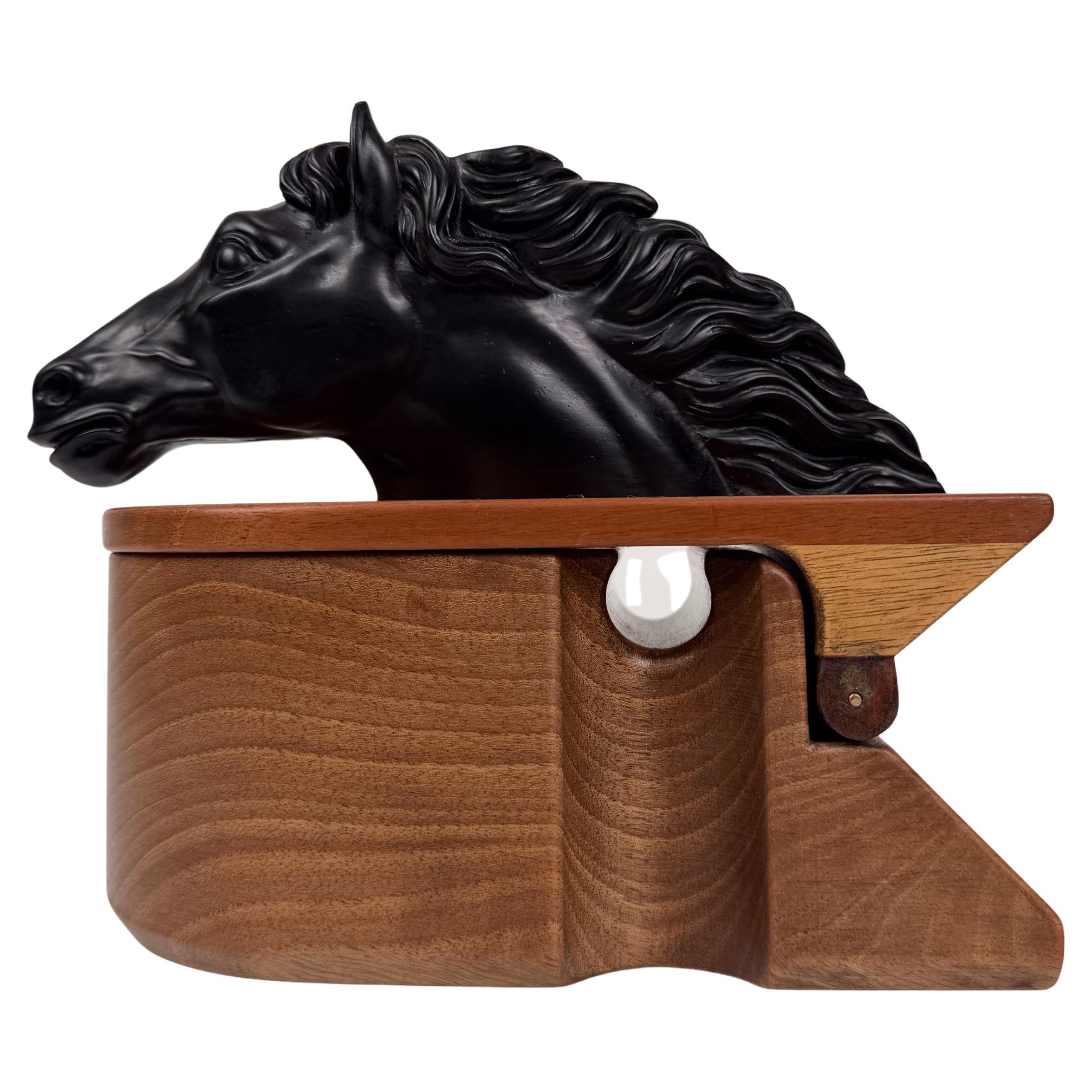 Mid-Century Modern Italian Walnut Tobacco Jar with Sculptural Horse Head Pipe Re For Sale