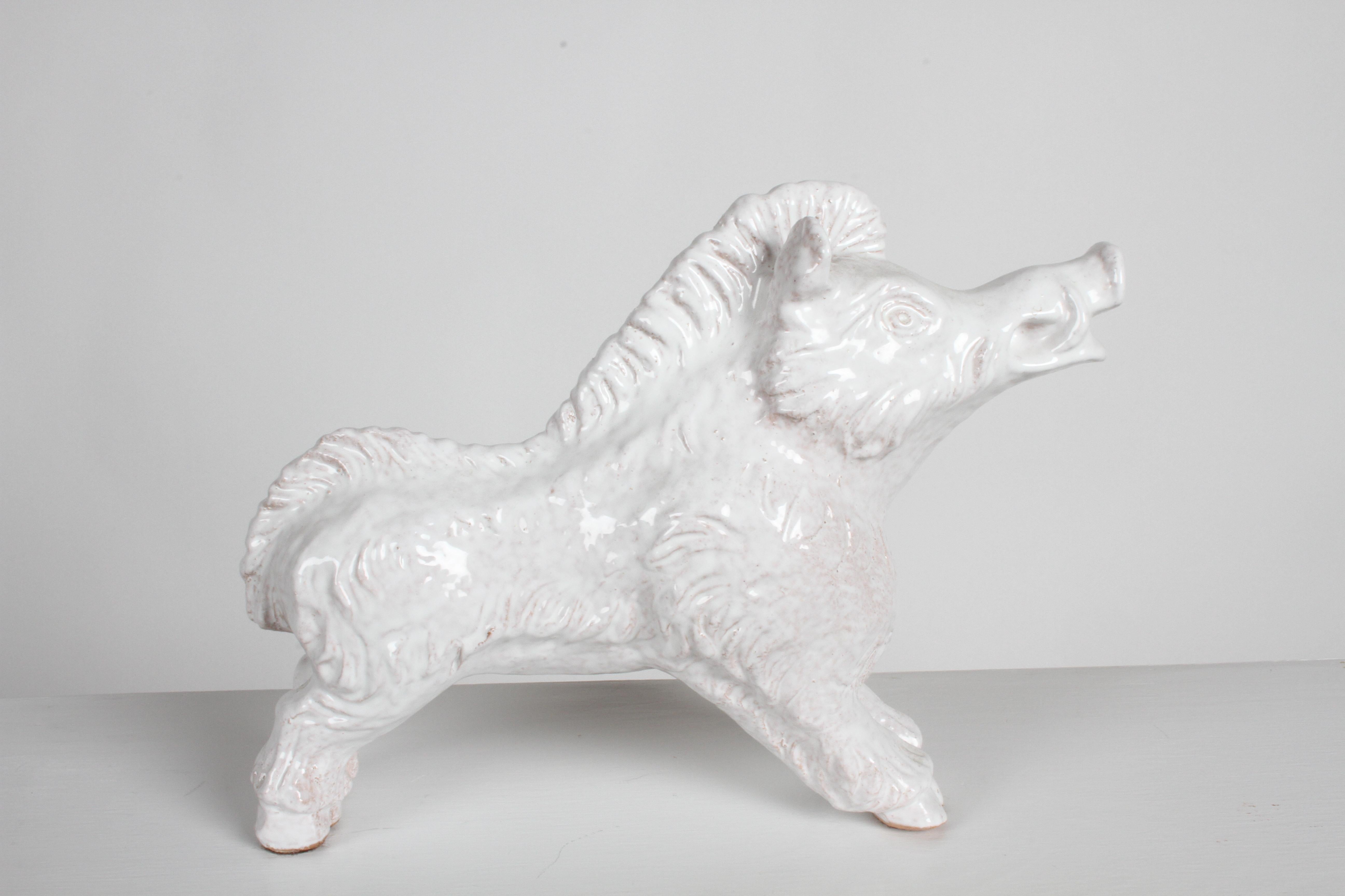 Mid-Century Modern Italian White Glazed Terracotta Boar Statue or Sculpture In Good Condition For Sale In St. Louis, MO