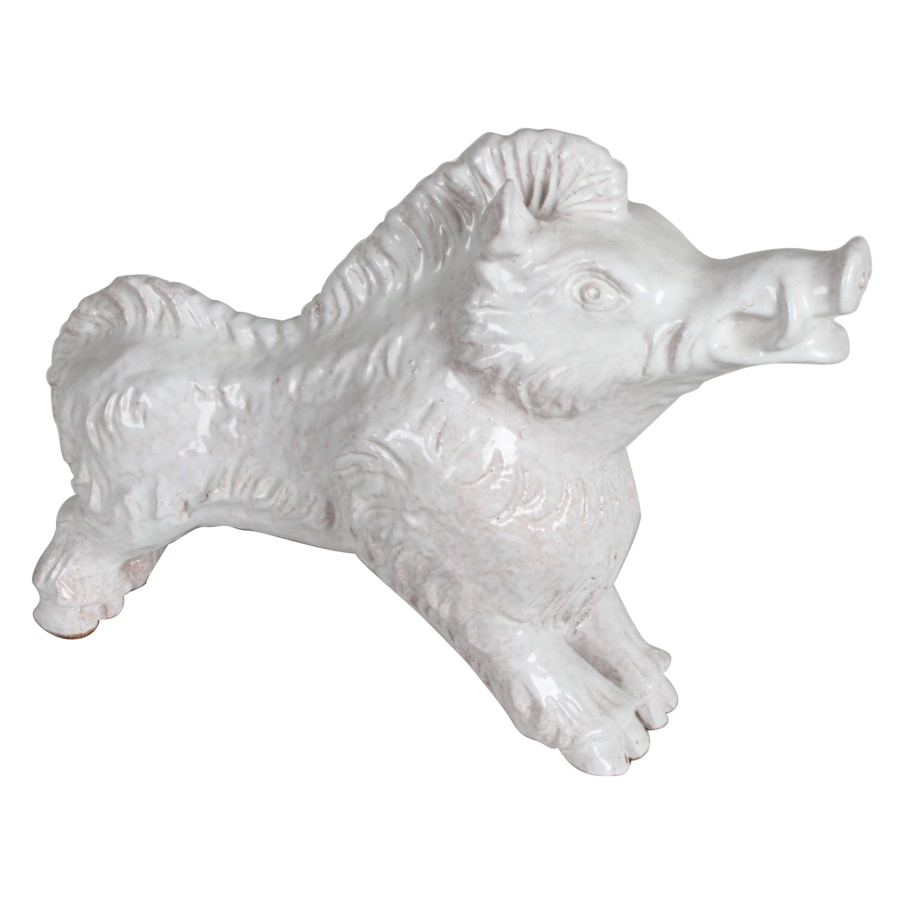 Mid-Century Modern Italian White Glazed Terracotta Boar Statue or Sculpture For Sale