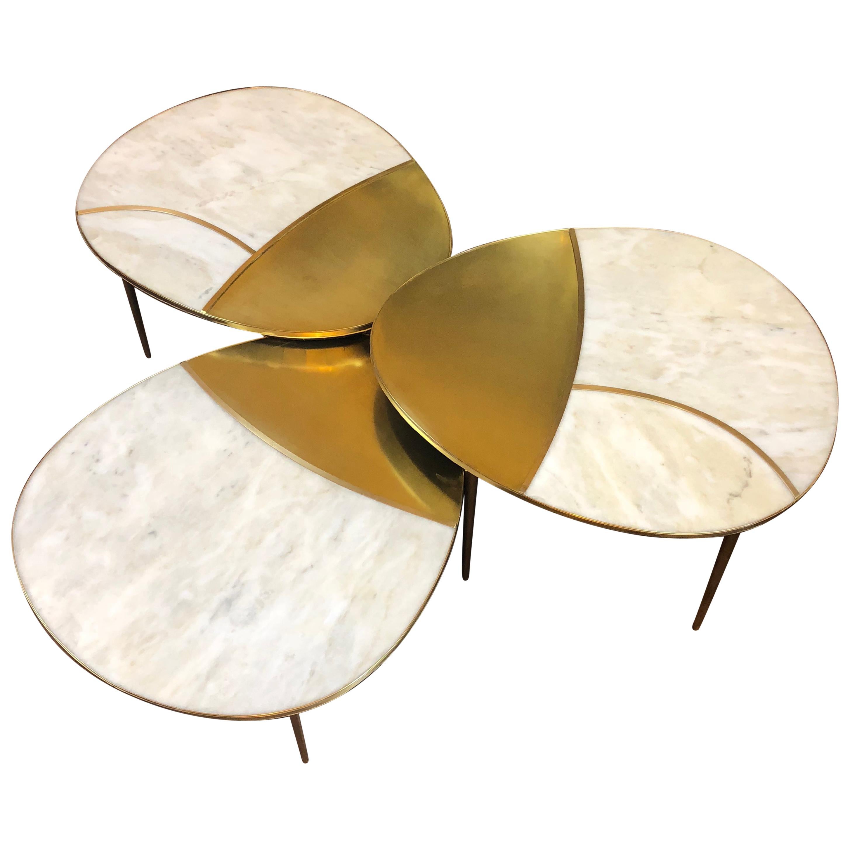 Mid-Century Modern Italian White Marble and Brass Set of Three Coffee Tables