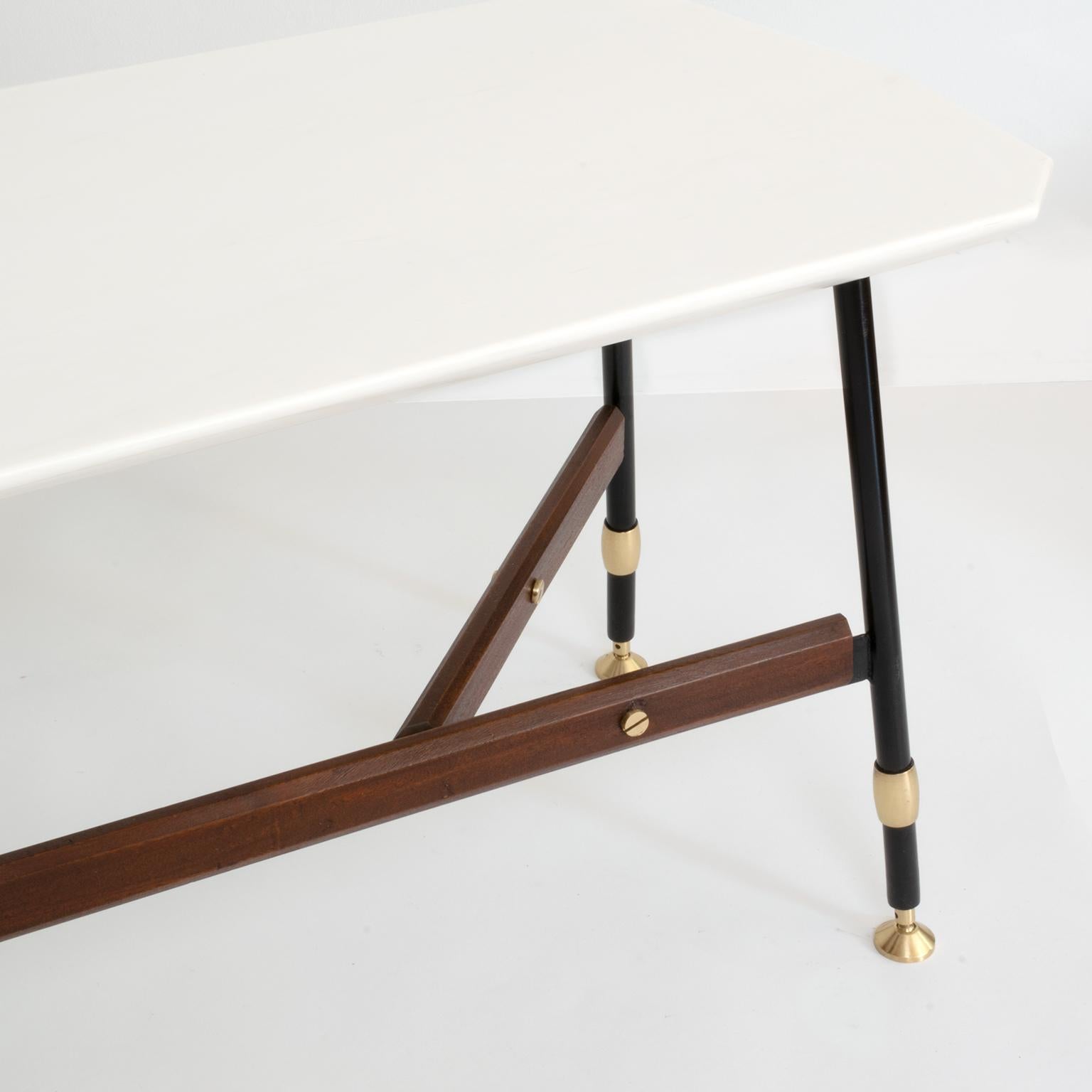 Brass Mid-Century Modern Italian White Marble and Teak Coffee Table