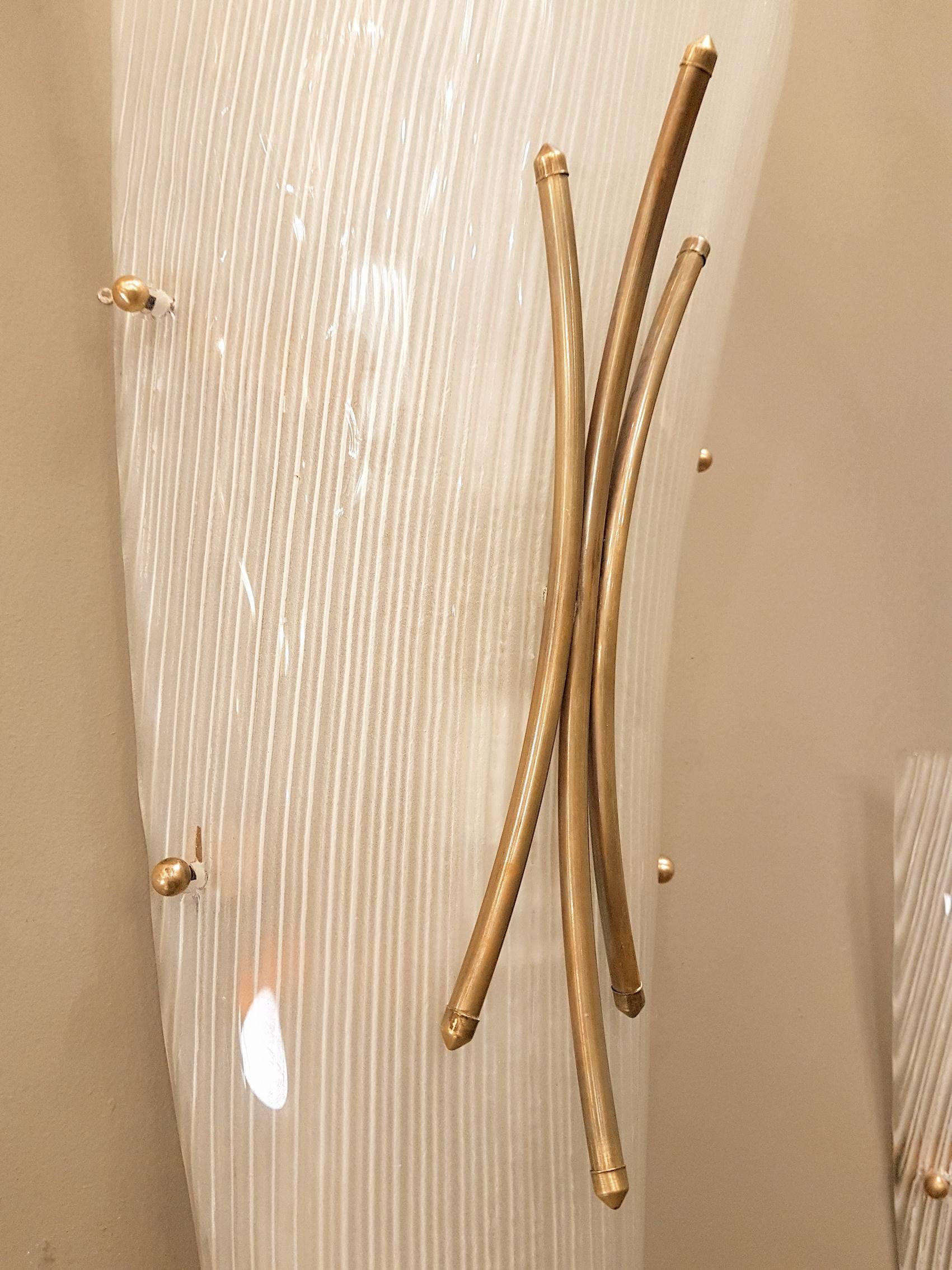 20th Century Mid-Century Modern Italian White Textured Glass/Brass Pair of Sconces