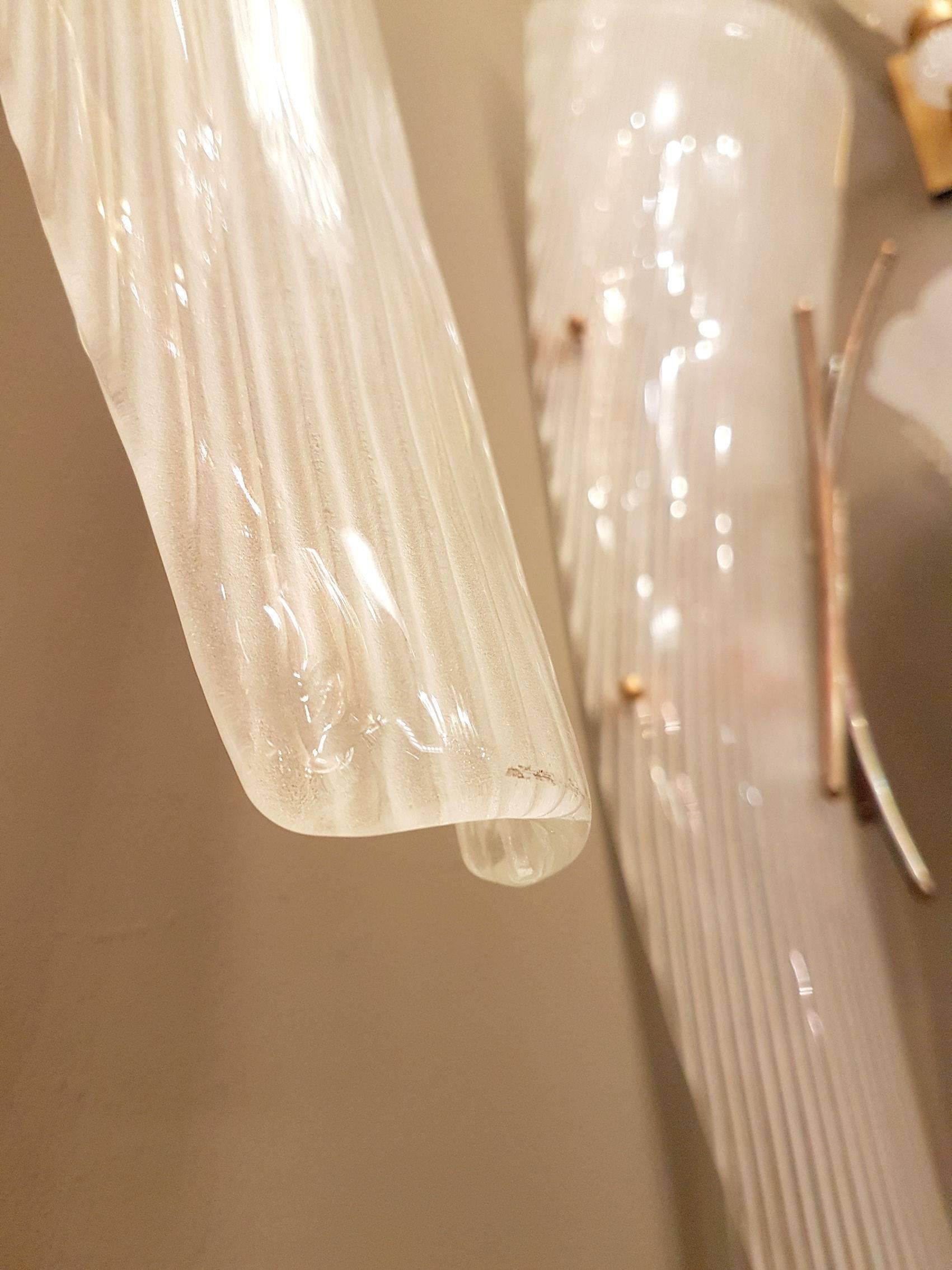 Mid-Century Modern Italian White Textured Glass/Brass Pair of Sconces 1