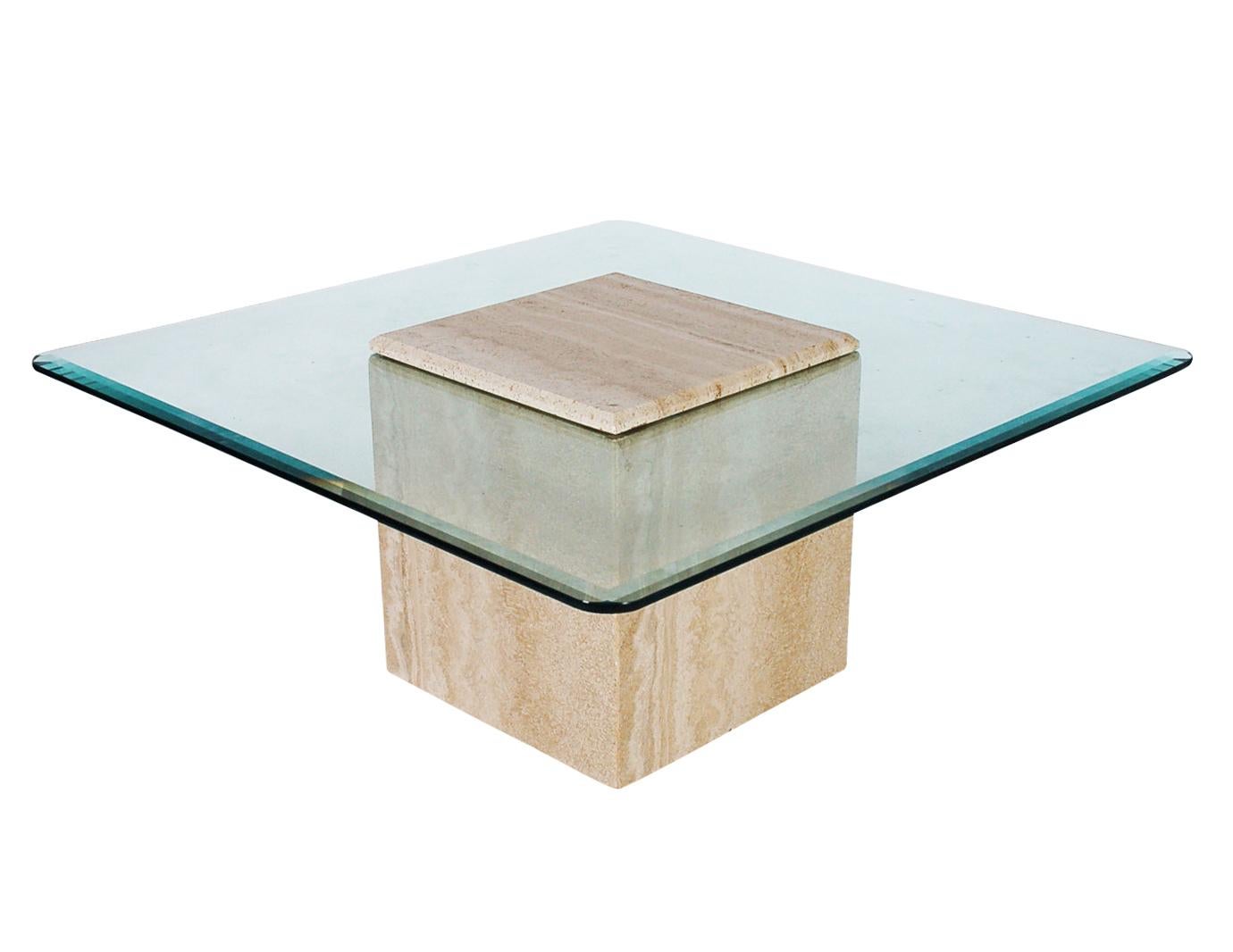 Late 20th Century Mid-Century Modern Italian White Travertine Marble and Glass Cocktail Table