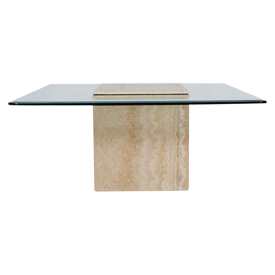 Mid-Century Modern Italian White Travertine Marble and Glass Cocktail Table