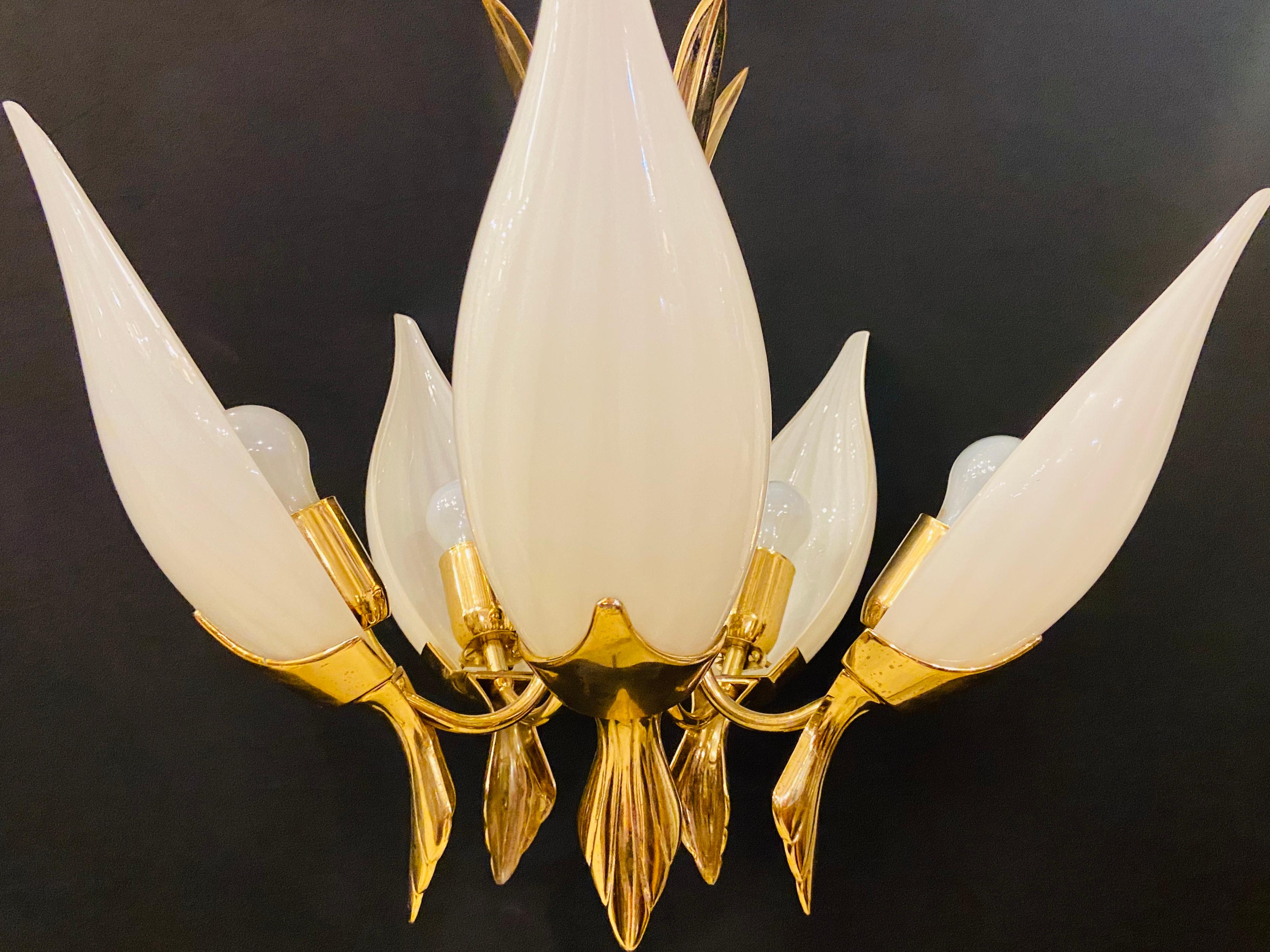 Mid-Century Modern Italian White Tulip Milk Glass Chandelier 9