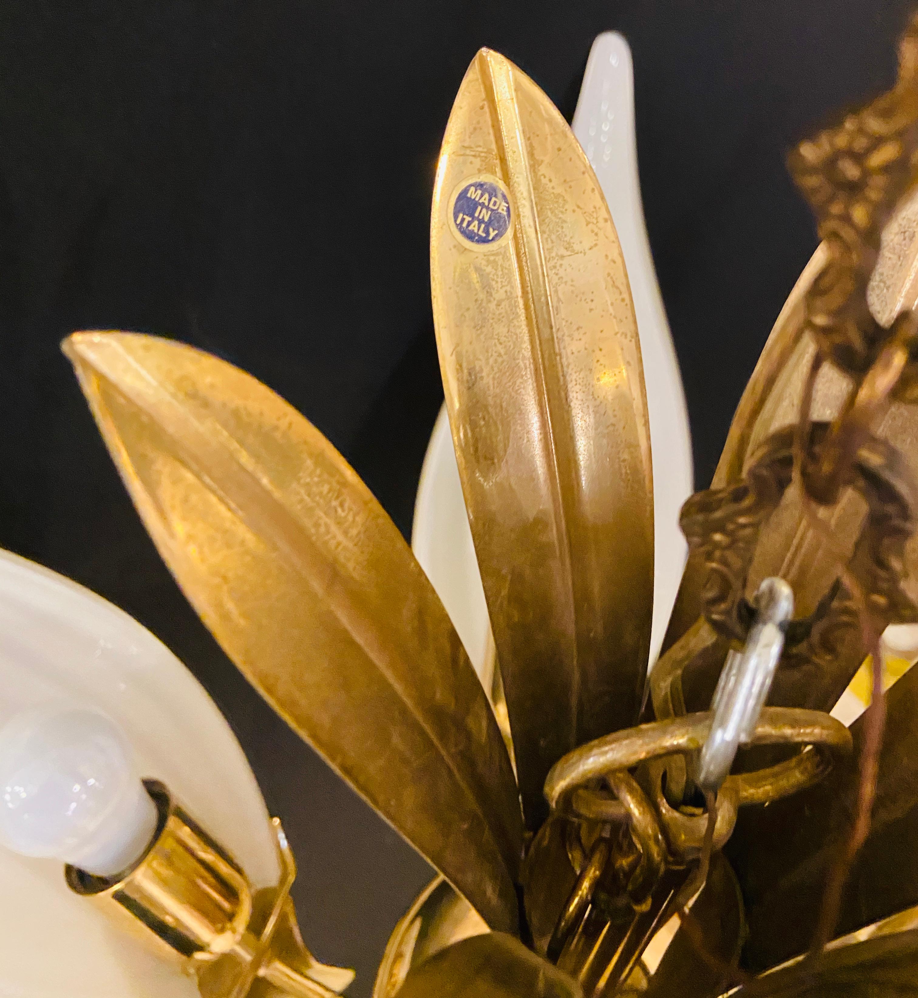 Brass Mid-Century Modern Italian White Tulip Milk Glass Chandelier