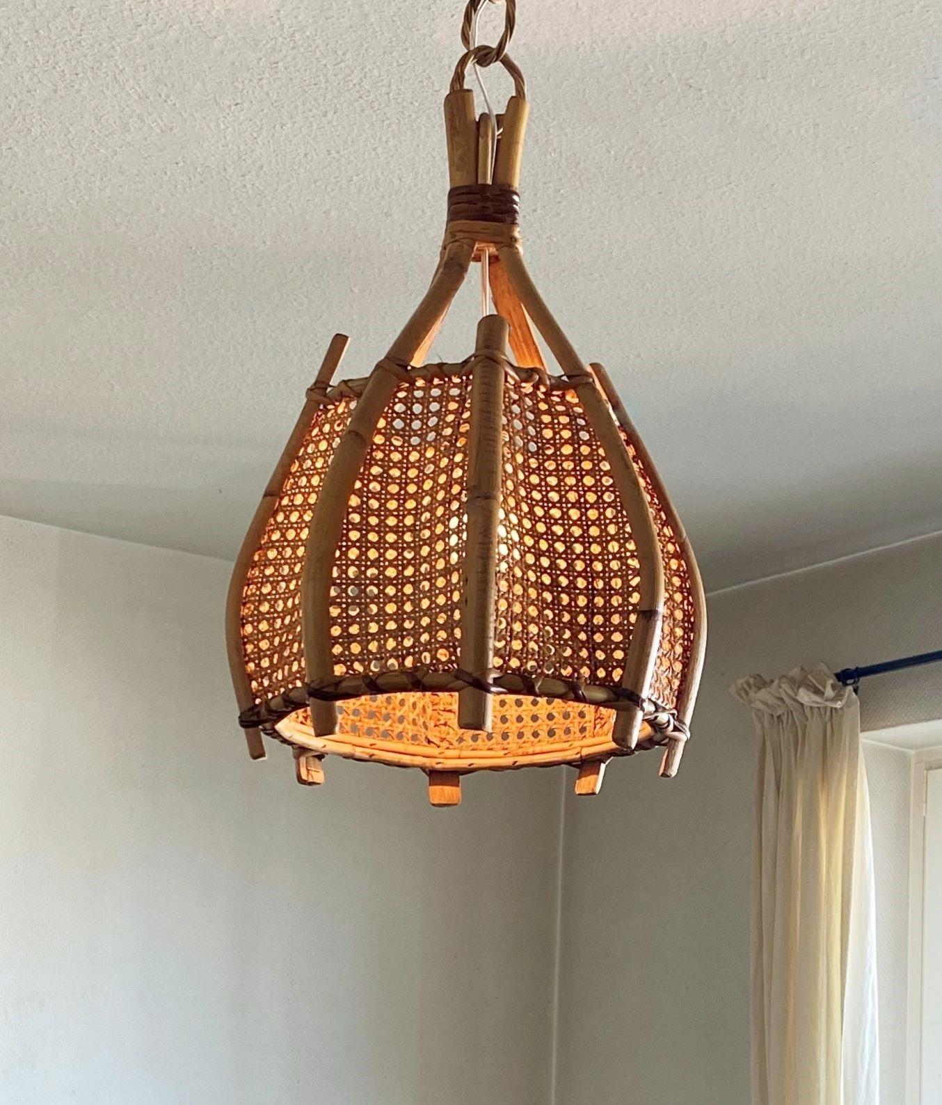 Midcenturyt Wicker Weave Bamboo Rattan Pendant or Bell Lantern, France, 1960s For Sale 6