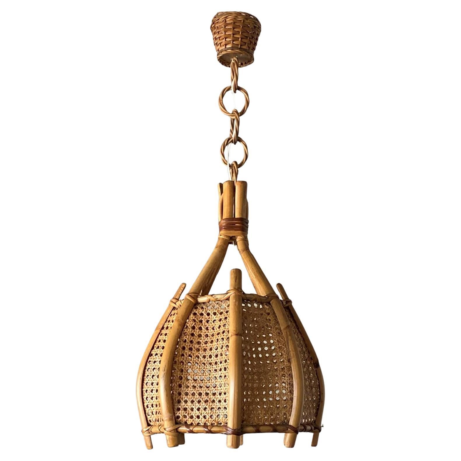 Bamboo Rattan and Wicker Weave Drum Pendant Light or Lantern For Sale
