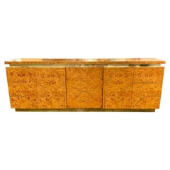 Mid-Century Modern Italian Willy Rizzo Style Brass and Burl Wood Credenza, 1970s