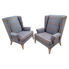 Mid Century Modern Italian Wingback Lounge Chairs Upholstered In Plaid Wool