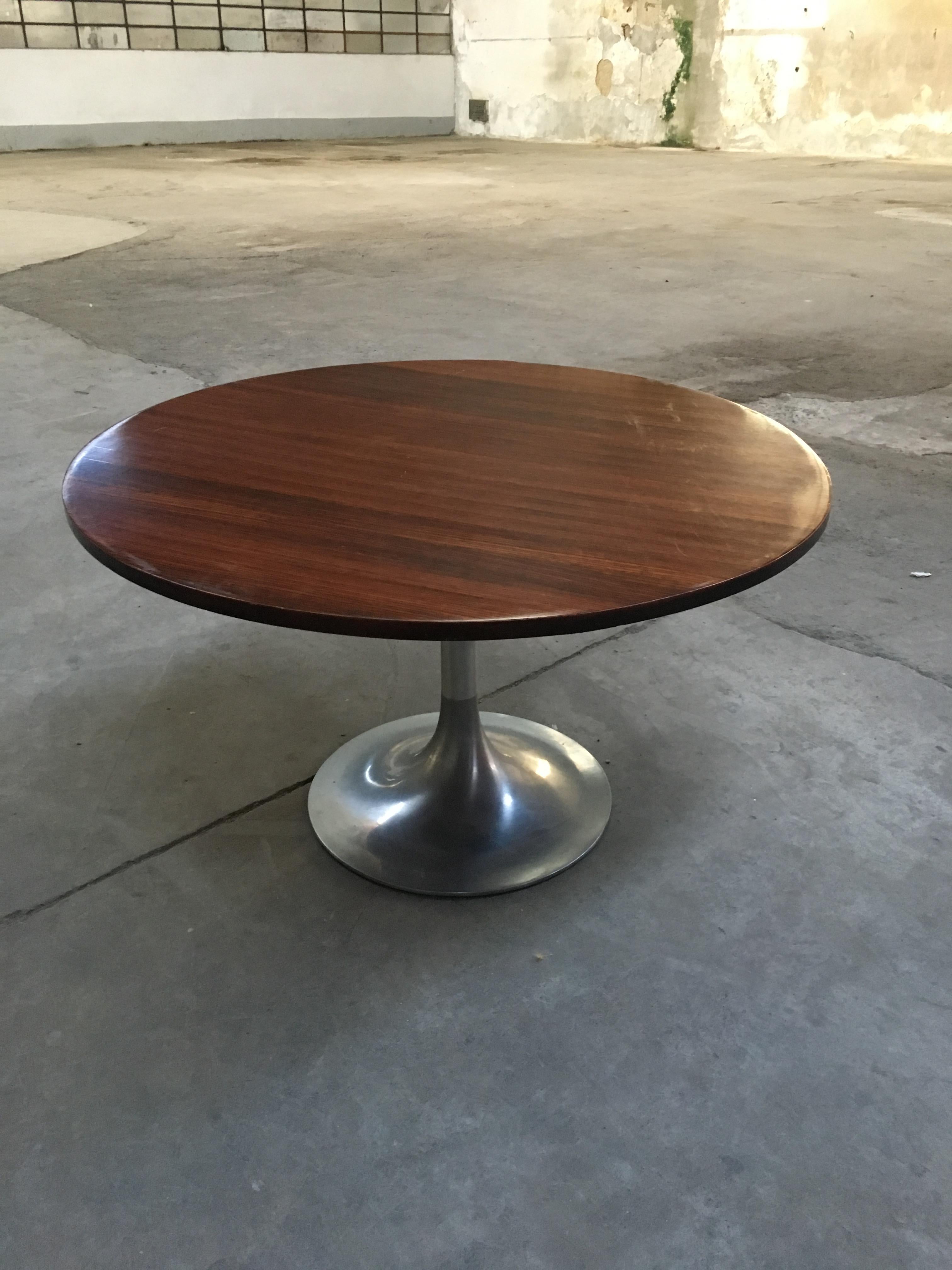 Mid-Century Modern Italian dining or center table with aluminum base and wooden top.