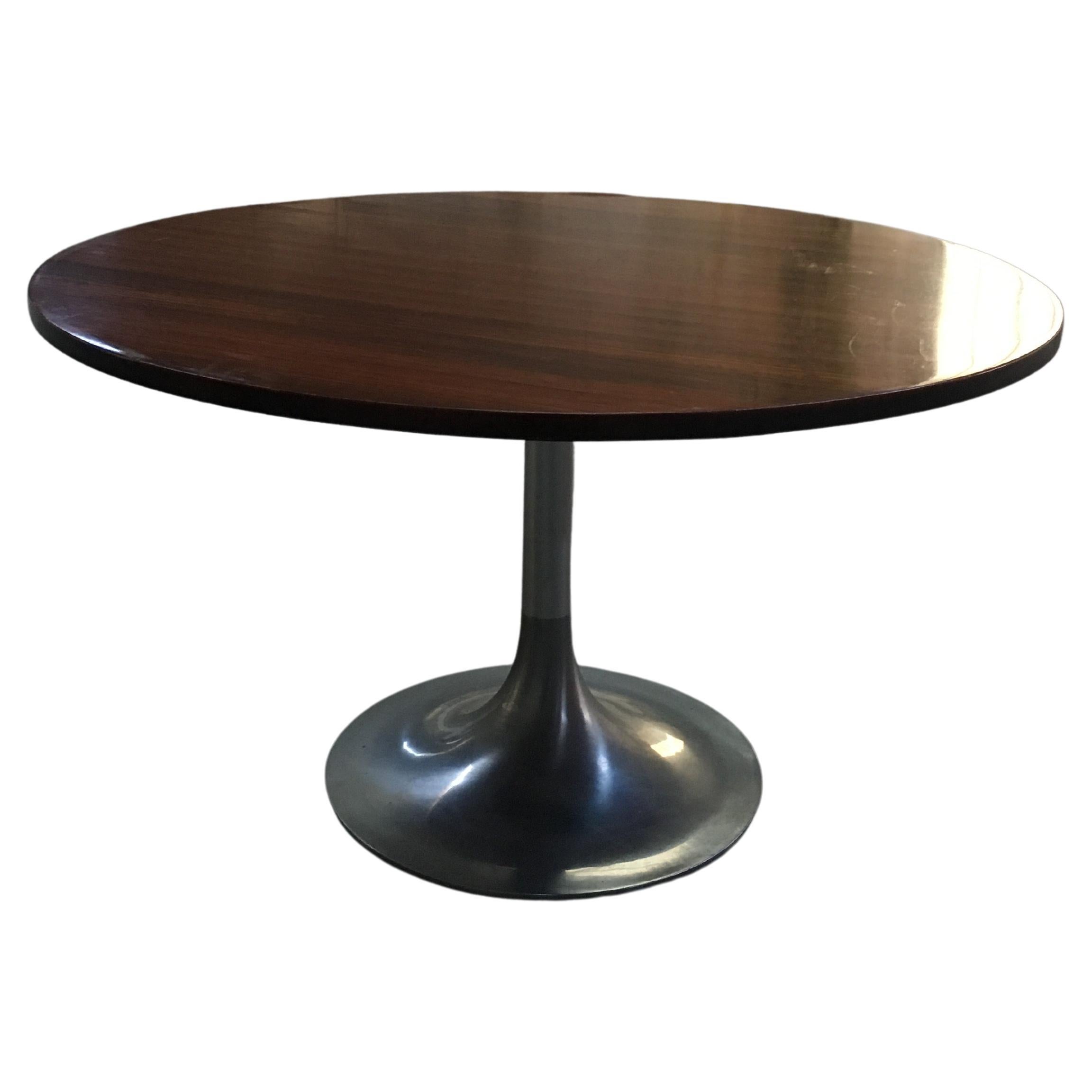 Mid-Century Modern Italian Wood Dining Table with Round Aluminum Base, 1970s For Sale