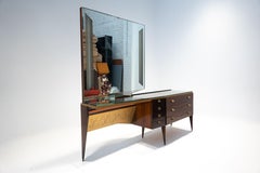 Table de coiffeuse italienne en bois moderne du milieu du siècle dernier avec miroir éclairé, années 1960