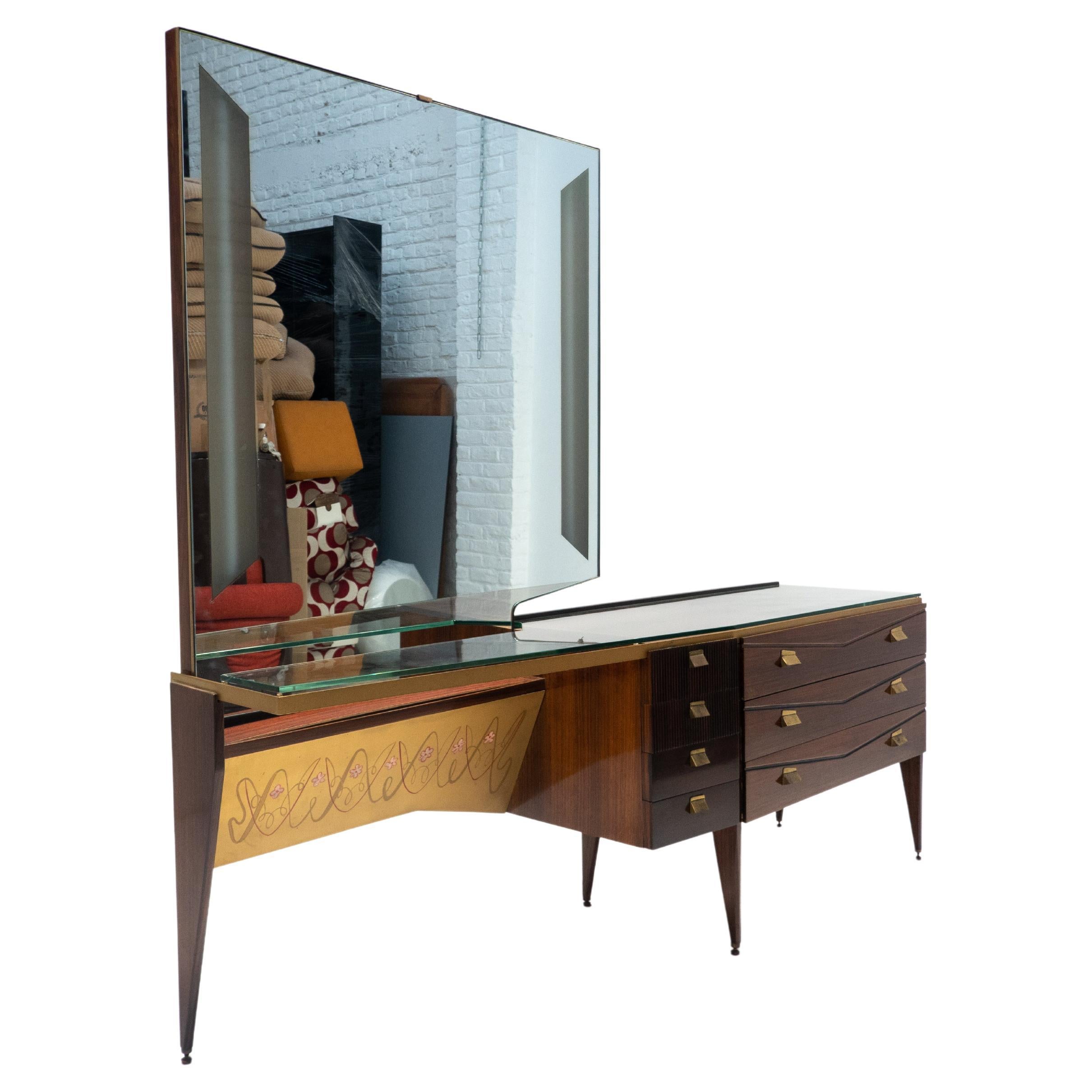 Mid-Century Modern Italian Wooden Dressing Table with Lightning Mirror, 1960s For Sale