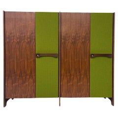 Mid-Century Modern Italian Wooden Wardrobe, Wood and Green Fabric, 1960s