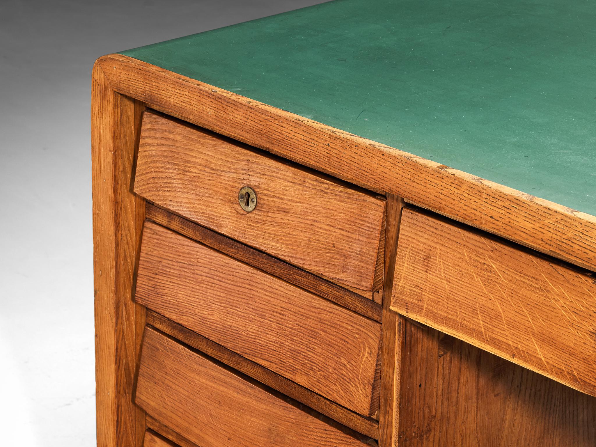 Mid-Century Modern Italian Writing Desk in Oak with Green Top In Good Condition In Waalwijk, NL