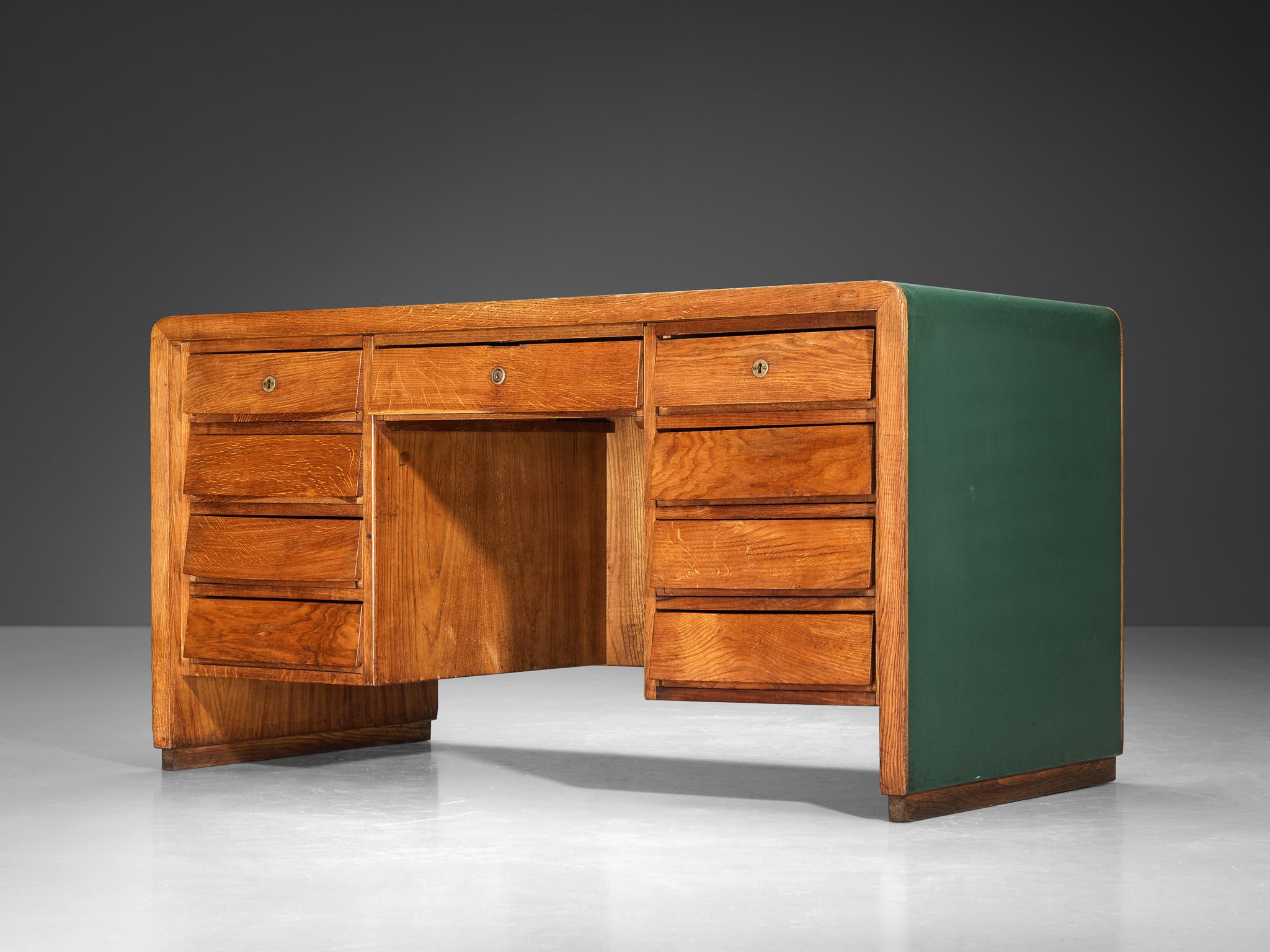 Mid-Century Modern Italian Writing Desk in Oak with Green Top 2