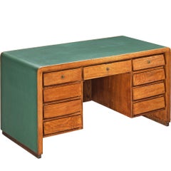 Vintage Mid-Century Modern Italian Writing Desk in Oak with Green Top