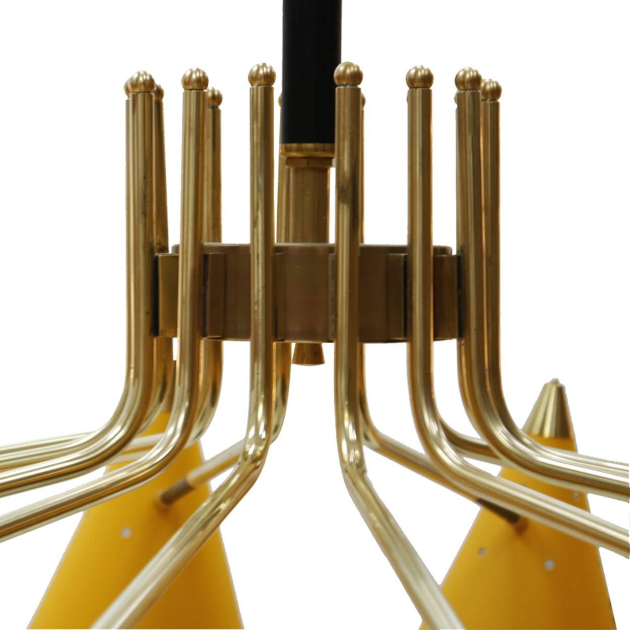 Contemporary Mid-Century Modern Italian Yellow Lacquered Metal and Brass Pendant Lamp