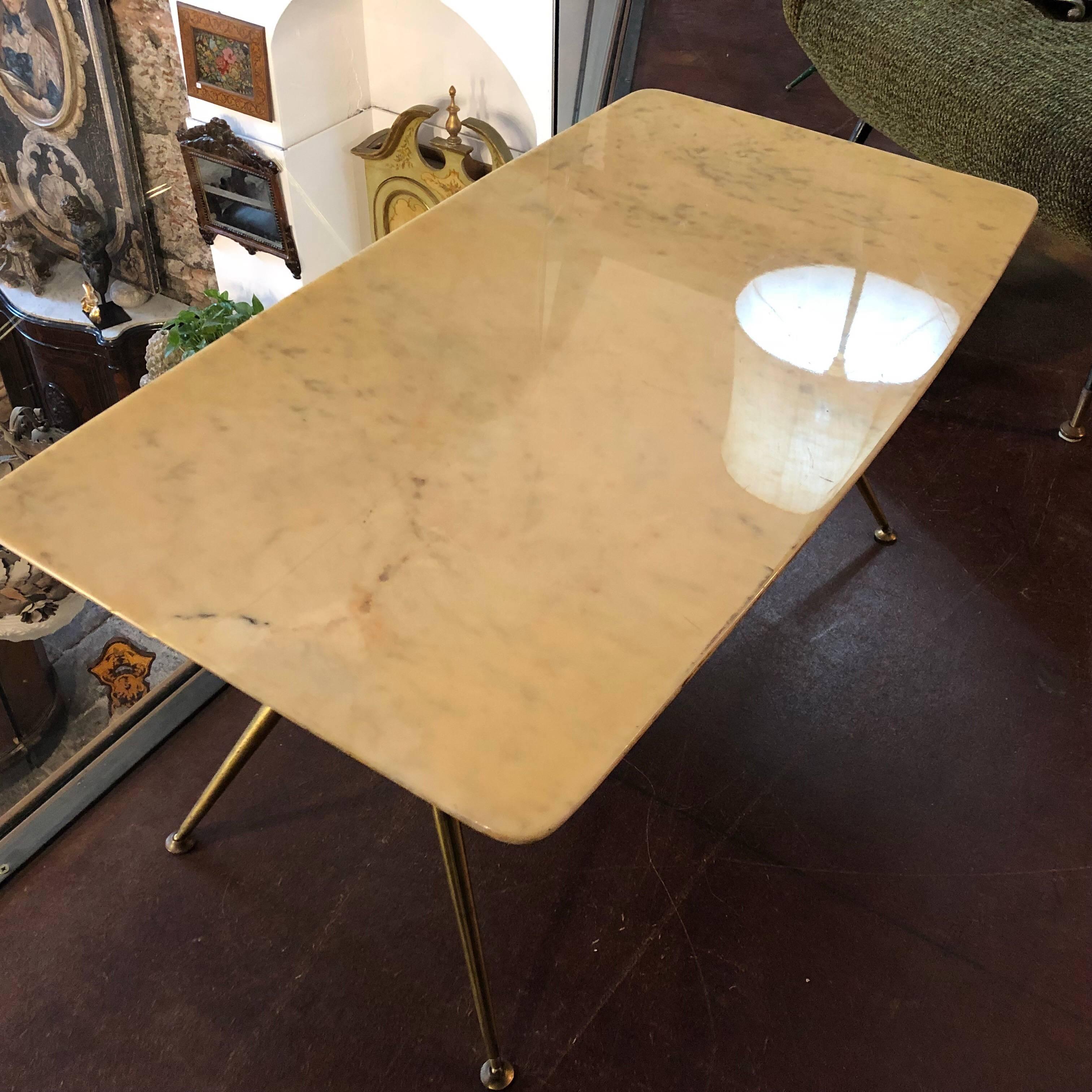 Mid-Century Modern Italian Yellow Marble and Brass Rectangular Coffee Table 1950 1