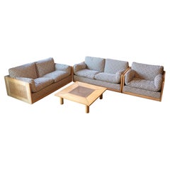 Modernes italienisches Holz-Rattan-Set aus der Mitte des Jahrhunderts, 2 Sofas und Stuhl, Italien 1970er Jahre