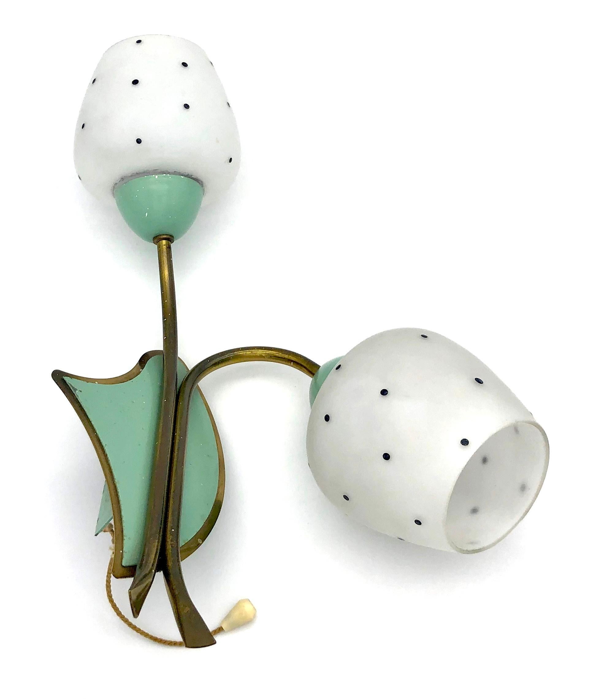 These adorable wall lamps will bring permanent spring to any room with their fresh peppermint pastel green, gold and white colouring. 
The lamps have been conceived as a pair.
  