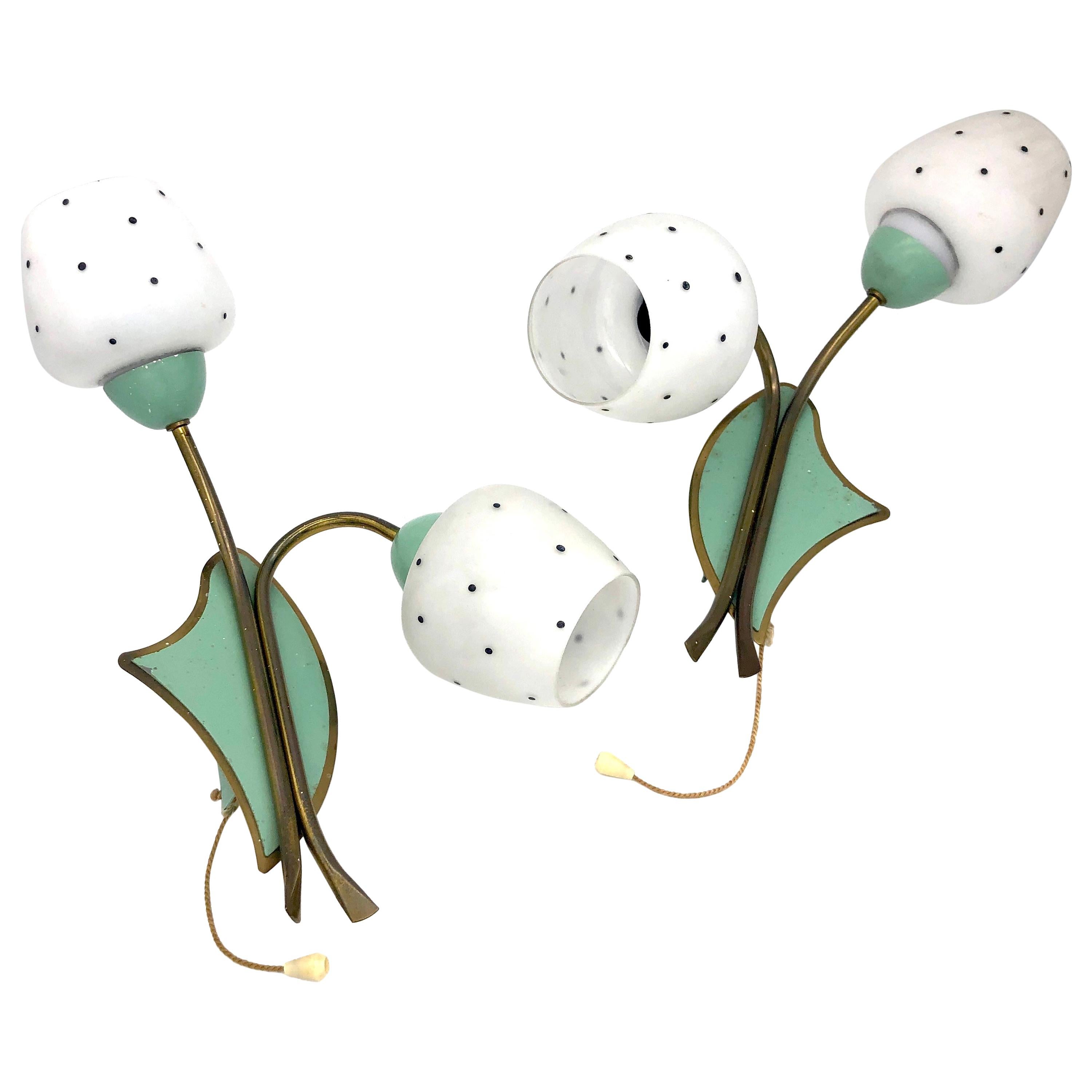 Mid-Century Modern Italy Pair of Wall Lights Glas Metal Flowers Polka Dots