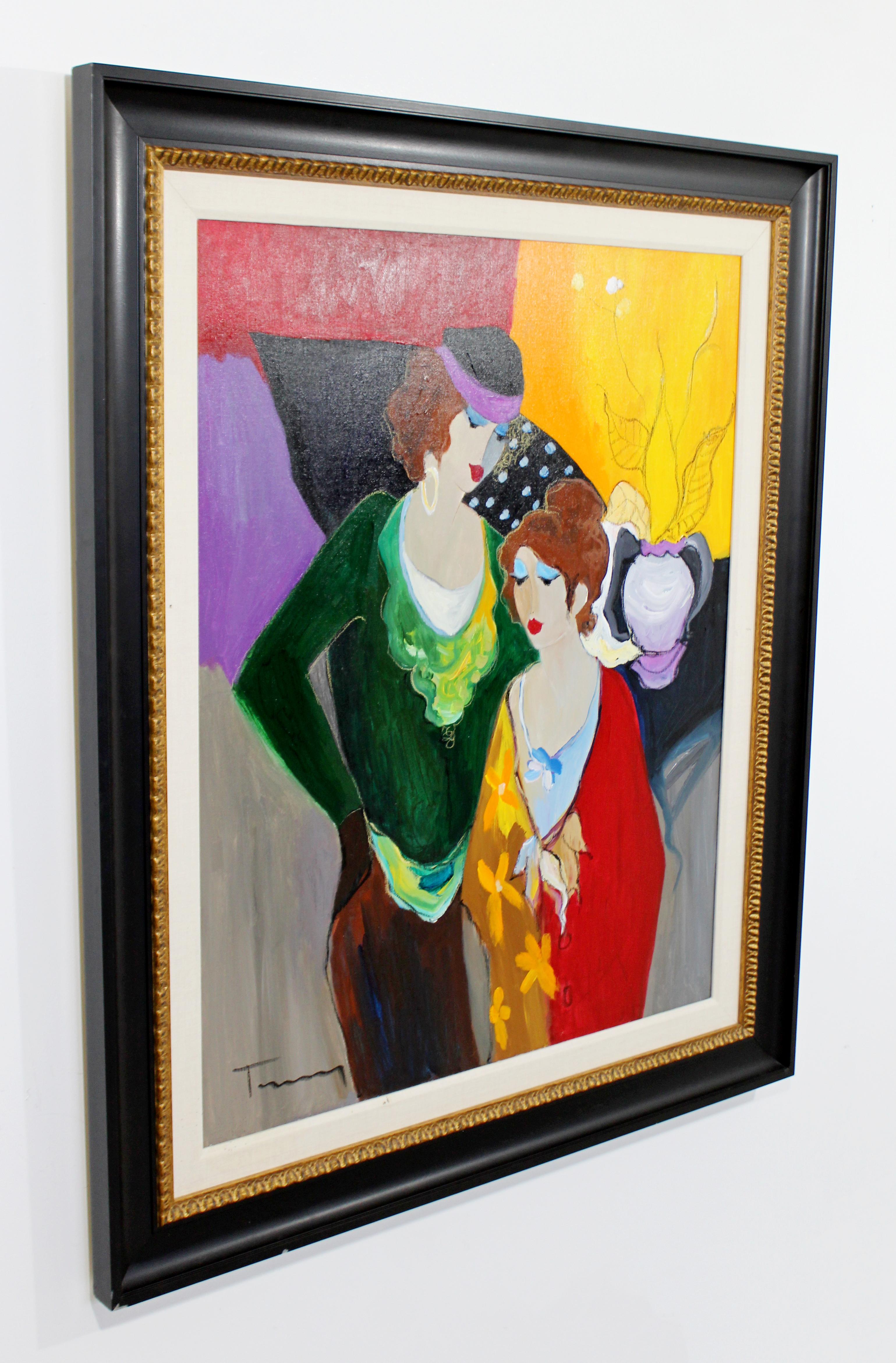 For your consideration is a stunning, large unique acrylic on canvas painting, signed by artist in black frame with gold rope.  Itzchak Tarkay is considered to be a key figure in the modern figurative movement.  Artwork by the Israeli artist are