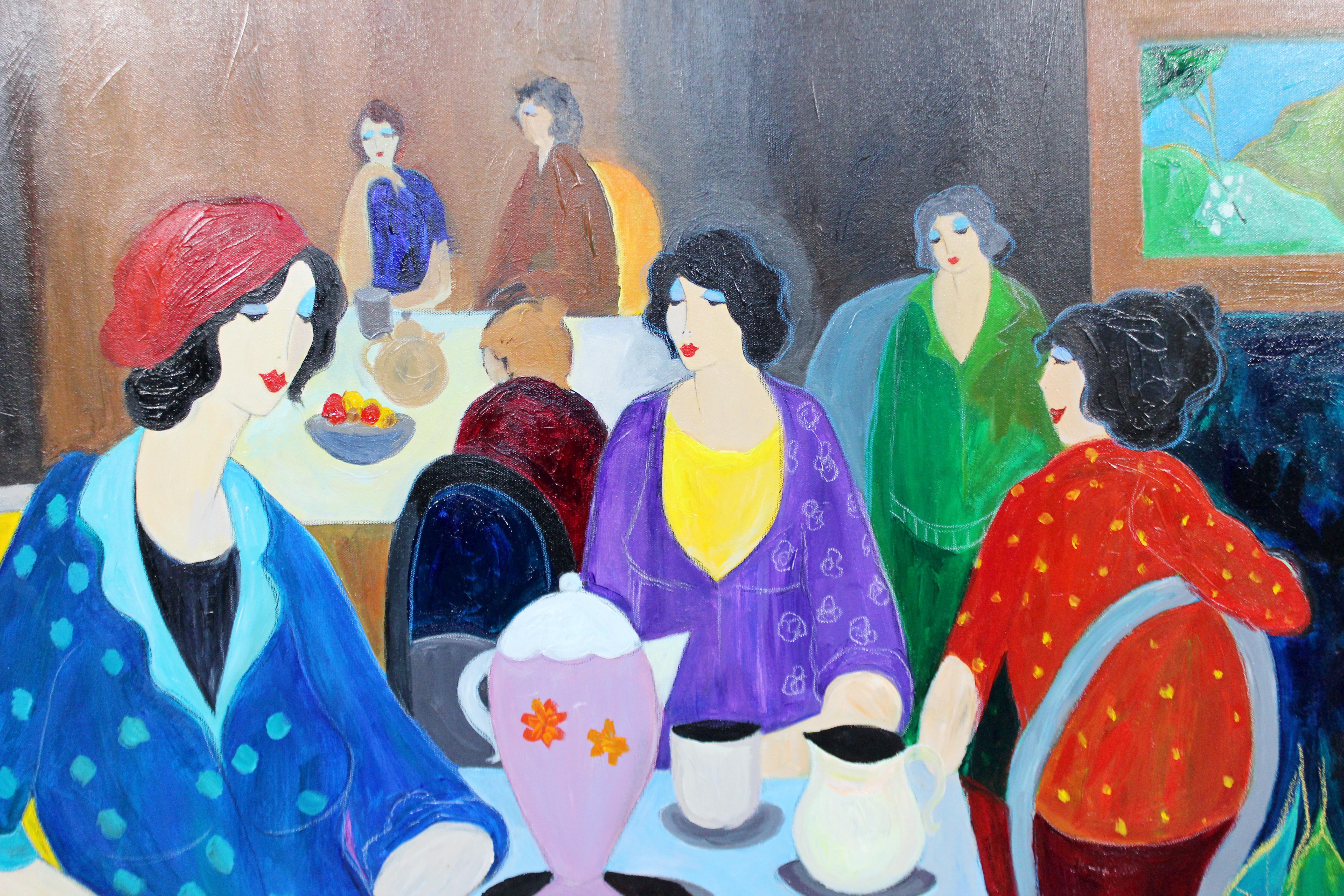 For your consideration is a phenomenal, large unique ladies at table unique acrylic on canvas, signed by artist in gold frame with gold rope.  Itzchak Tarkay is considered to be a key figure in the modern figurative movement.  Artwork by the Israeli