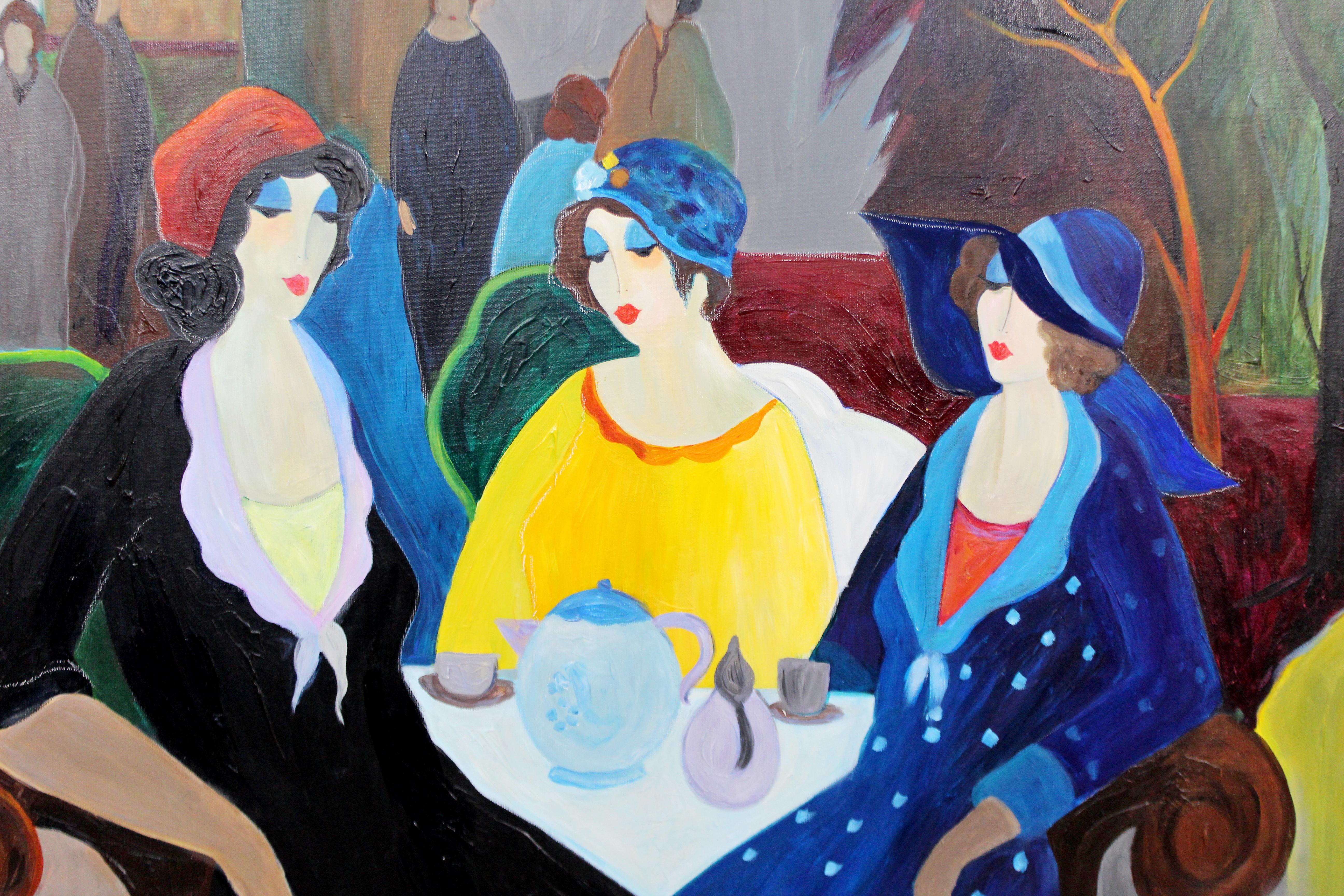For your consideration is a magnificent, large unique acrylic on canvas painting, signed by artist in gold frame.  Itzchak Tarkay is considered to be a key figure in the modern figurative movement.  Artwork by the Israeli artist are easily